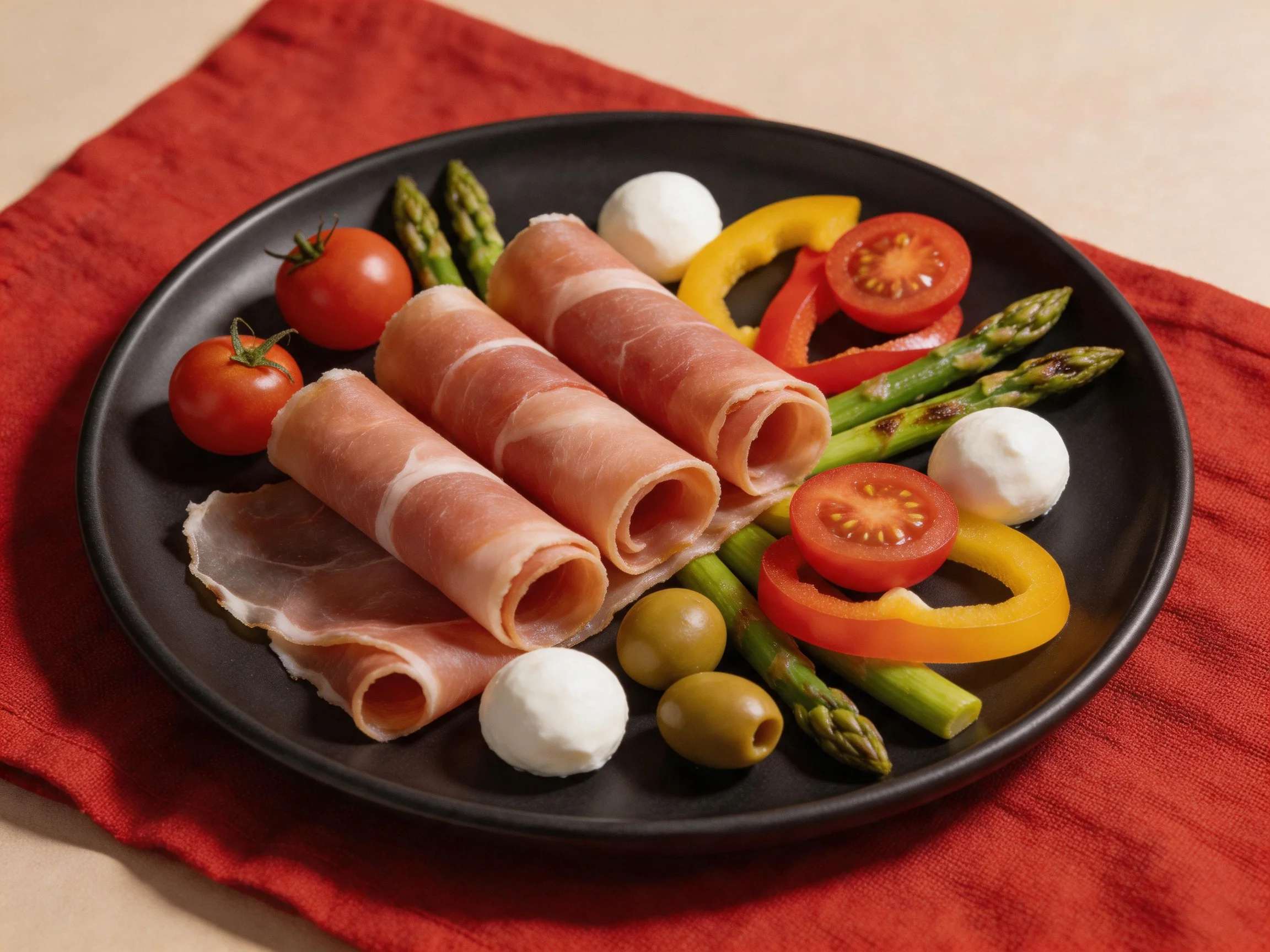 Three prosciutto rolls with cherry tomatoes, mozzarella, and grilled vegetables