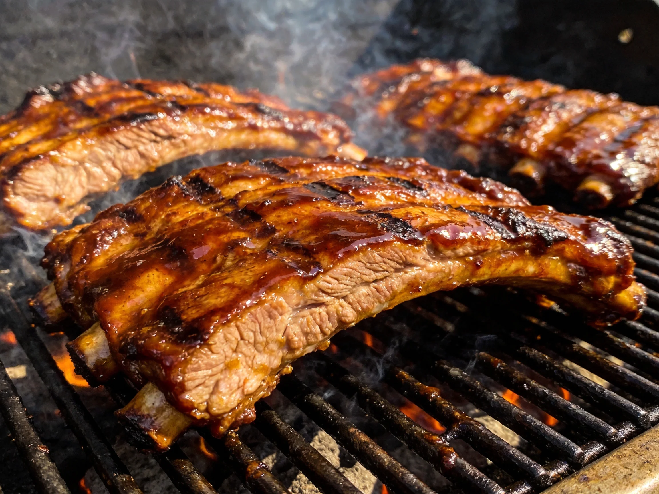 Three racks of glazed barbecued ribs sizzle over a smoking grill