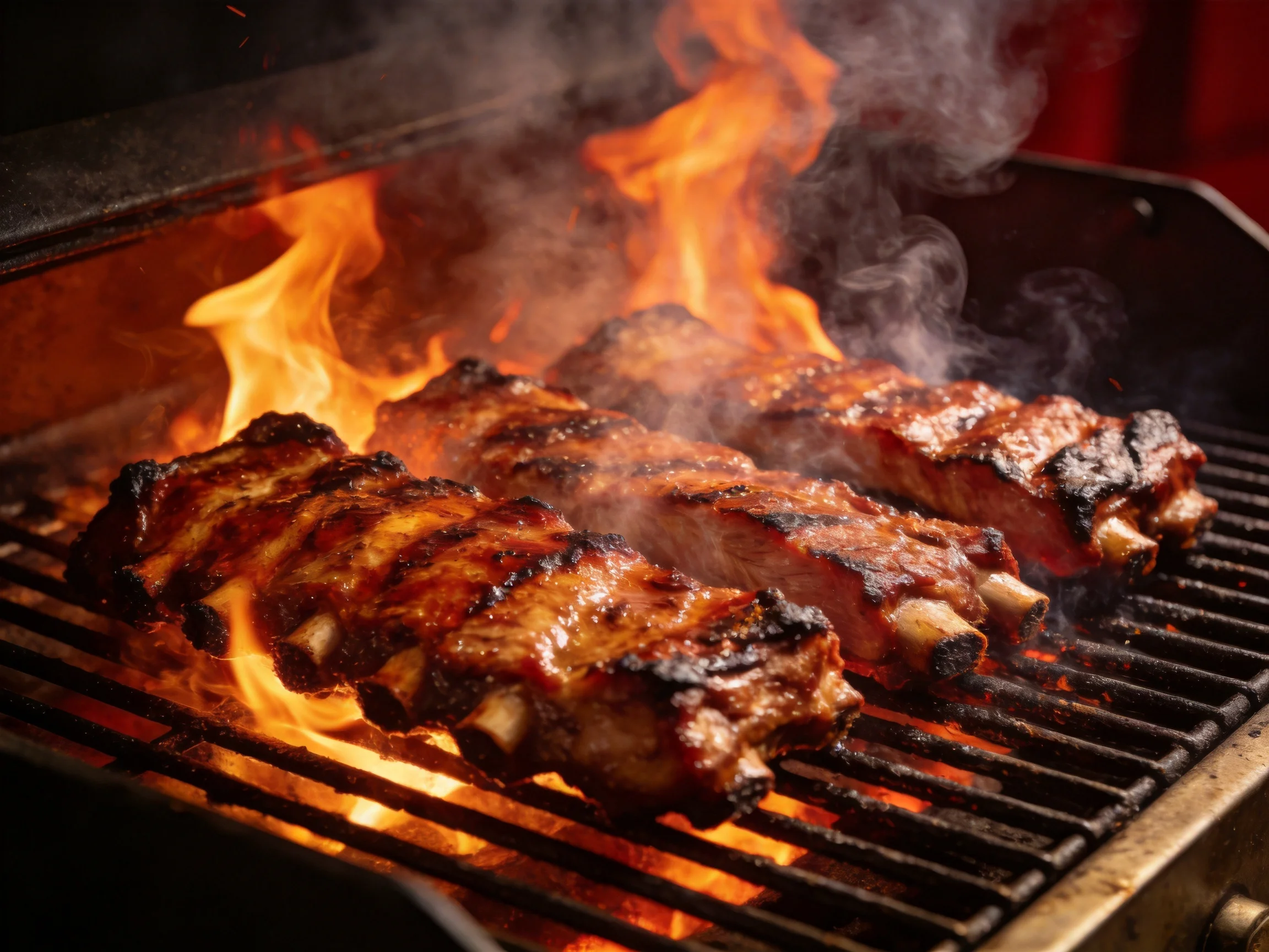 Three racks of marinated ribs sizzle over bright orange flames