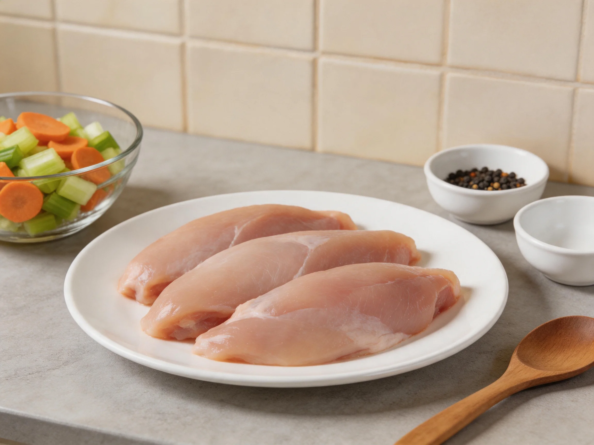 Three raw chicken breasts with sliced veggies and spice containers nearby