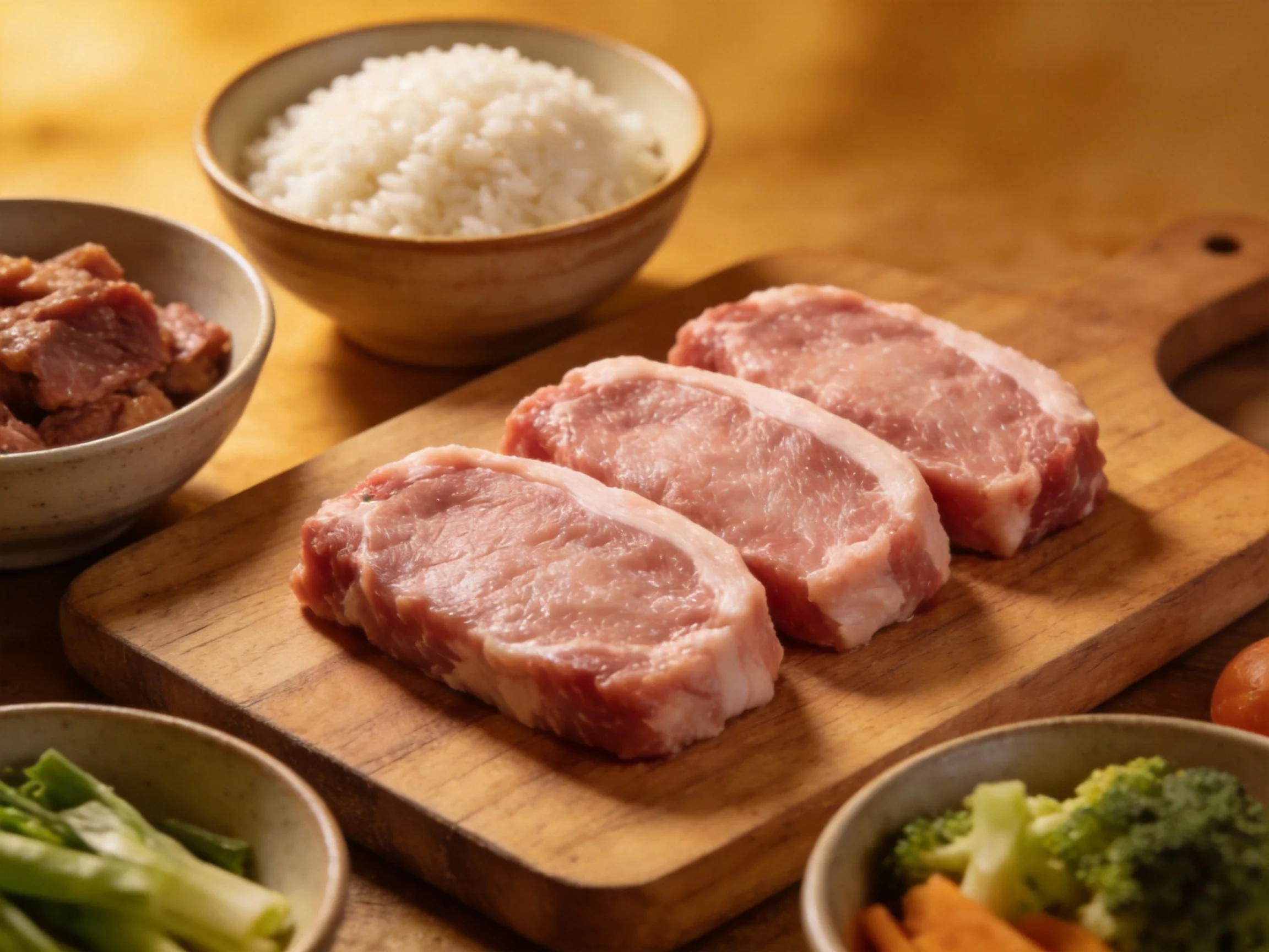 Three raw pork chops on a wooden cutting board with bowls of rice and vegetables