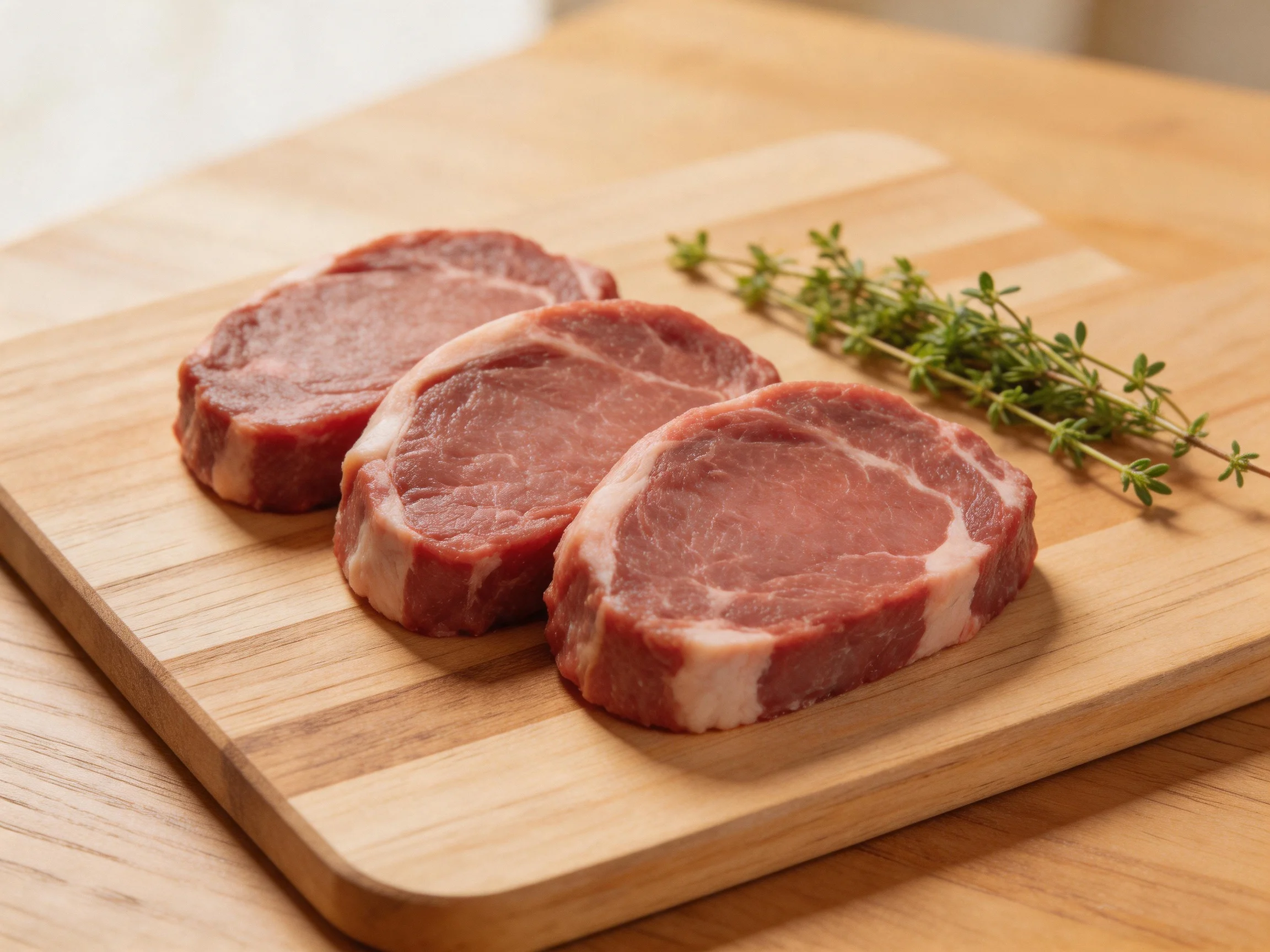 Three raw pork chops with fresh thyme on a wooden cutting board