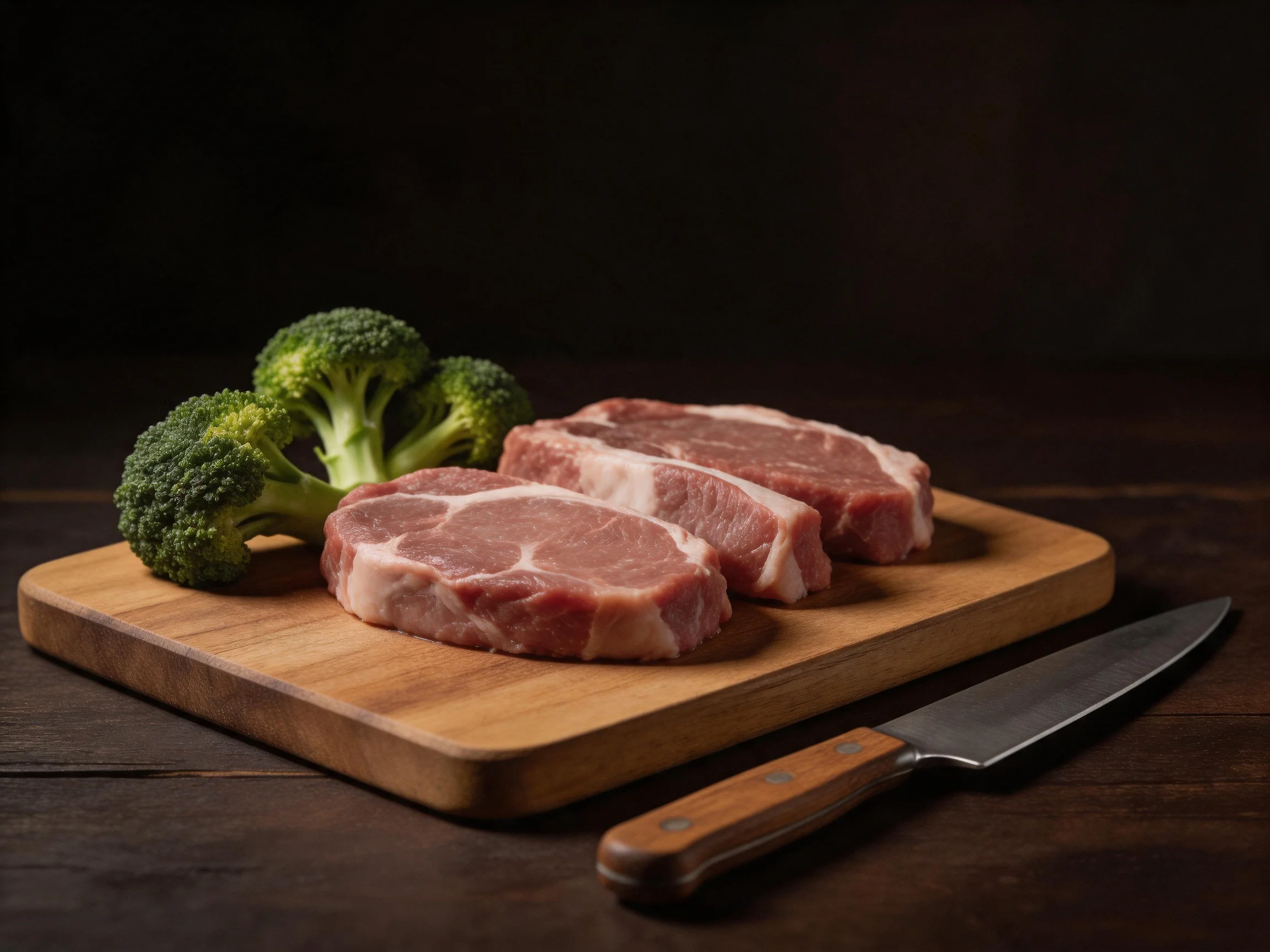 Three raw pork cuts, fresh broccoli, and a knife on a wooden board