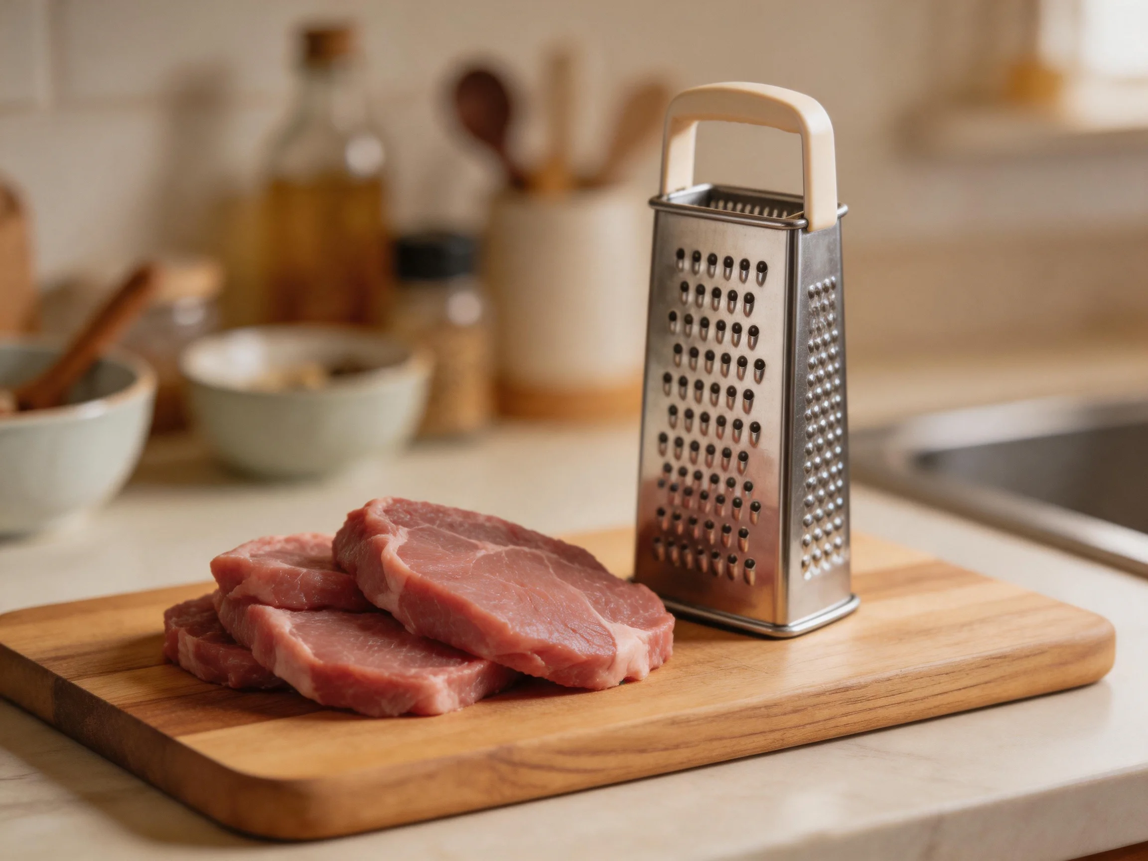 Three raw pork slices rest beside a metal grater on a wooden cutting board