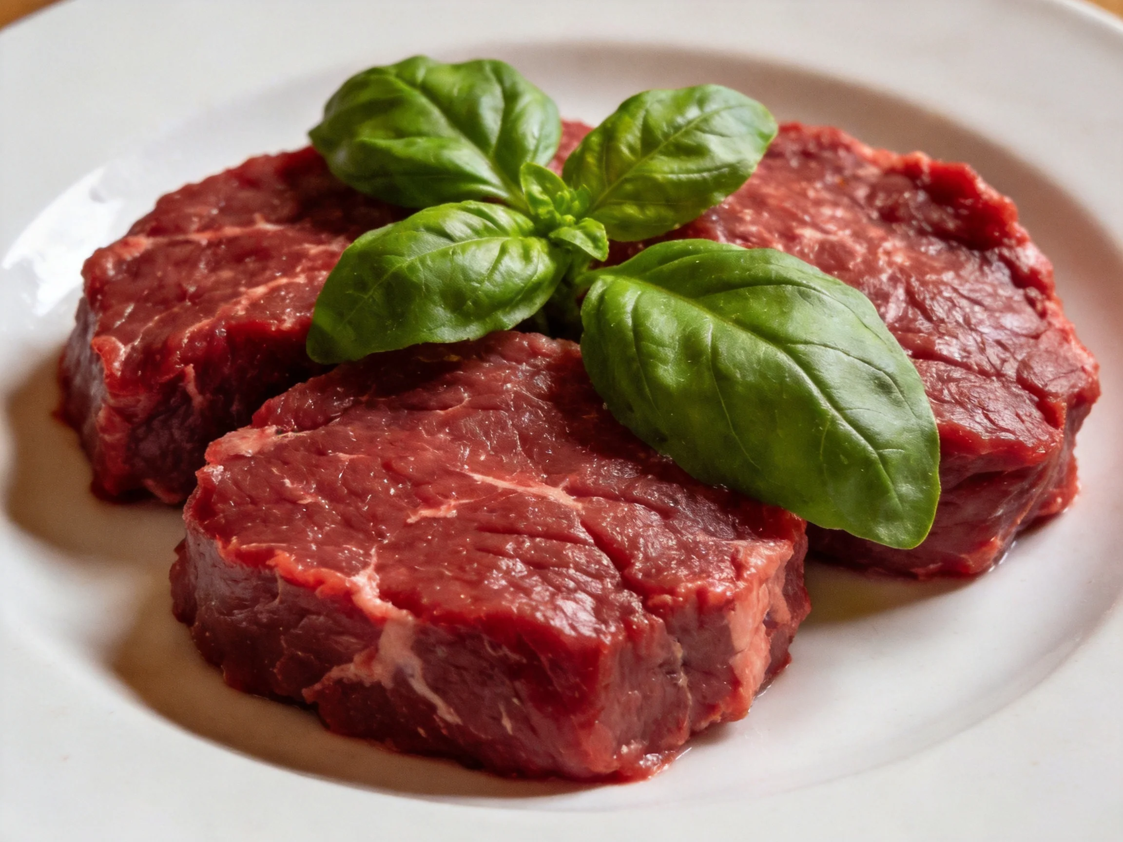 Three raw red beef steaks with fresh green basil on a white plate