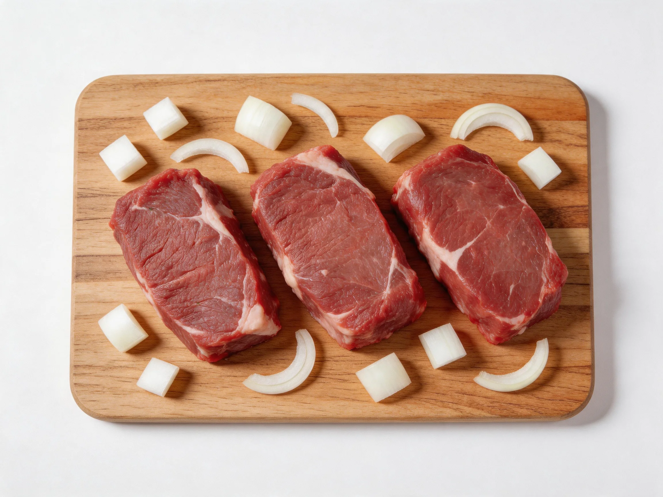 Three raw red steaks with white onion slices on wooden cutting board