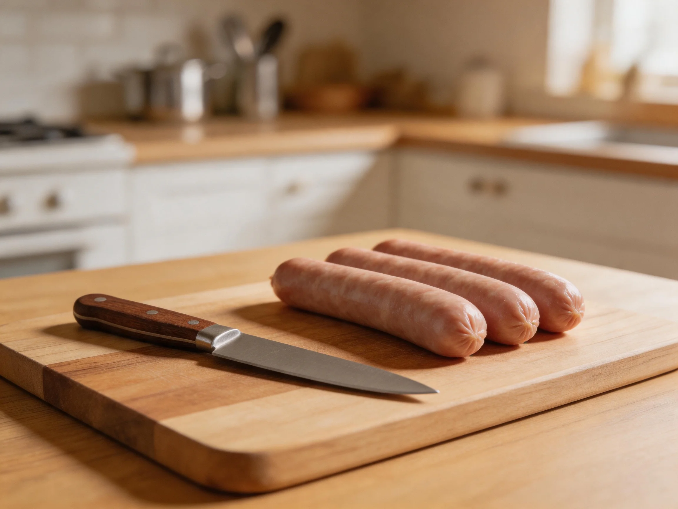 Three raw sausages rest on a wooden cutting board beside a knife