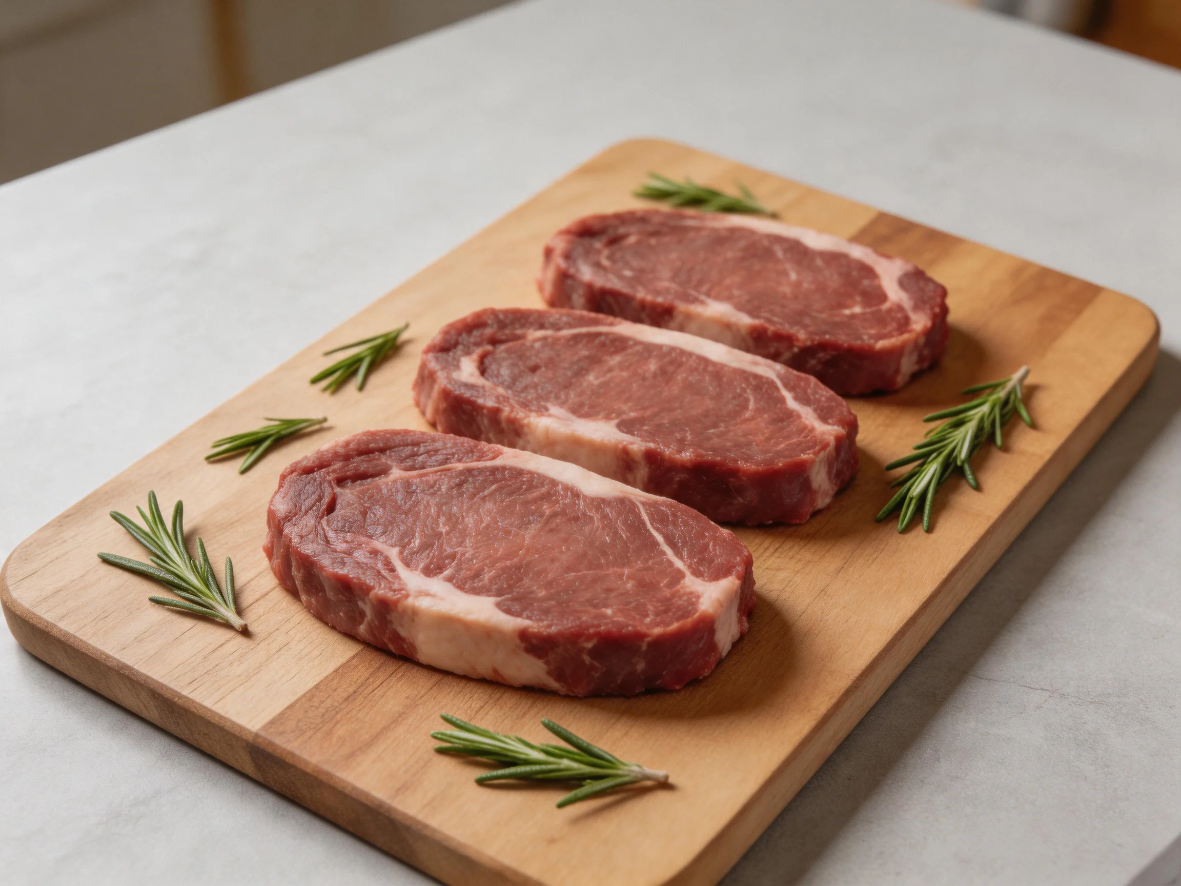 Three raw steaks arranged on a wooden cutting board with rosemary sprigs