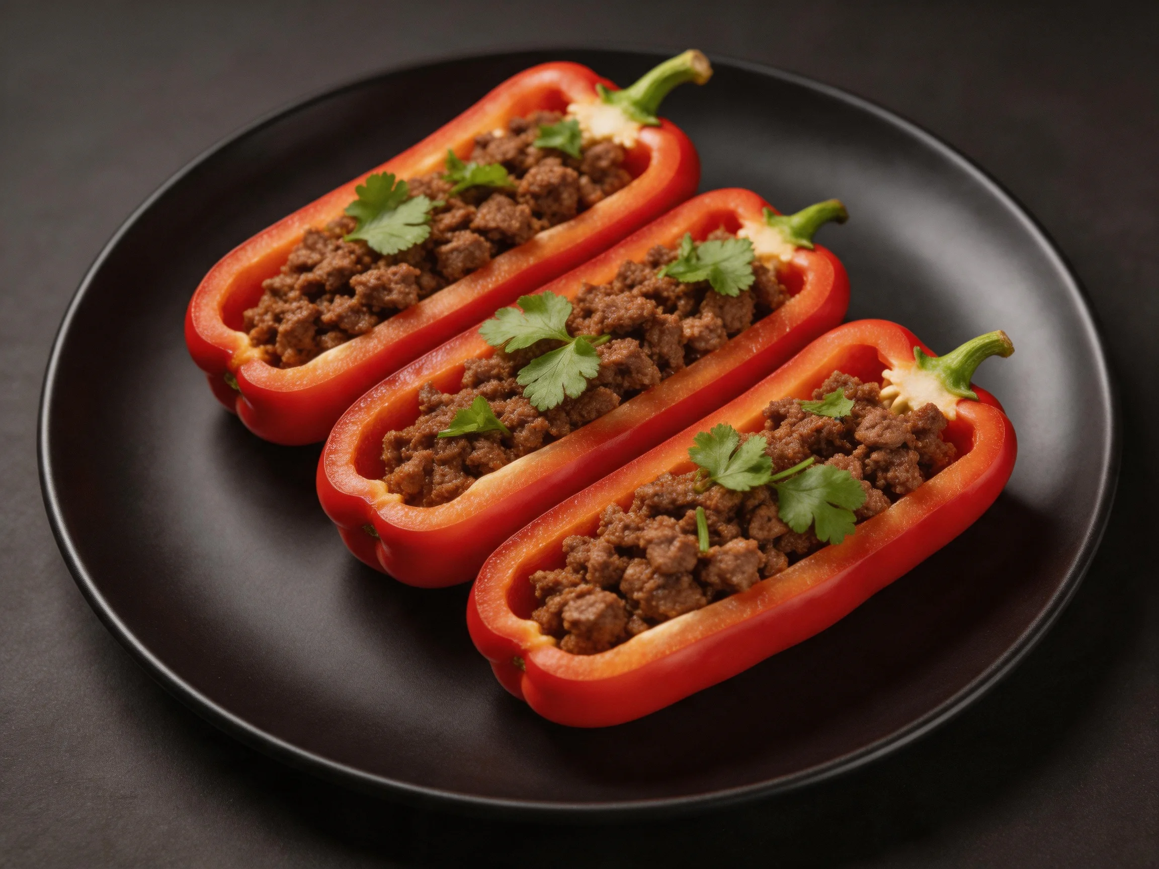 Three red bell pepper halves stuffed with seasoned ground meat on a black plate
