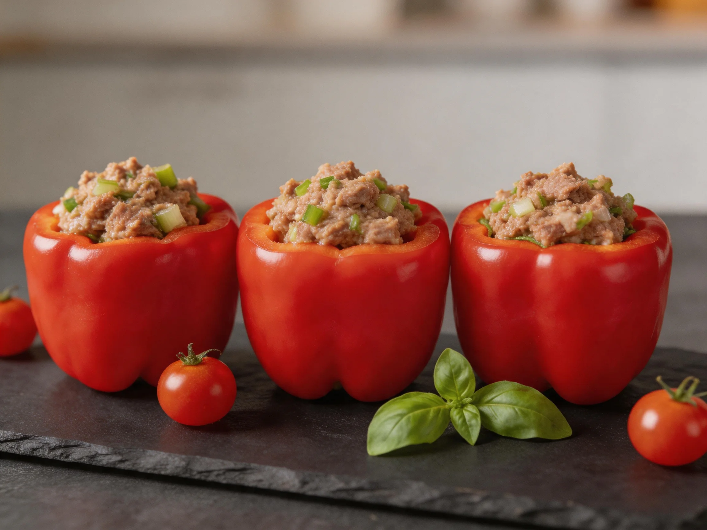 Three red bell peppers stuffed with savory filling