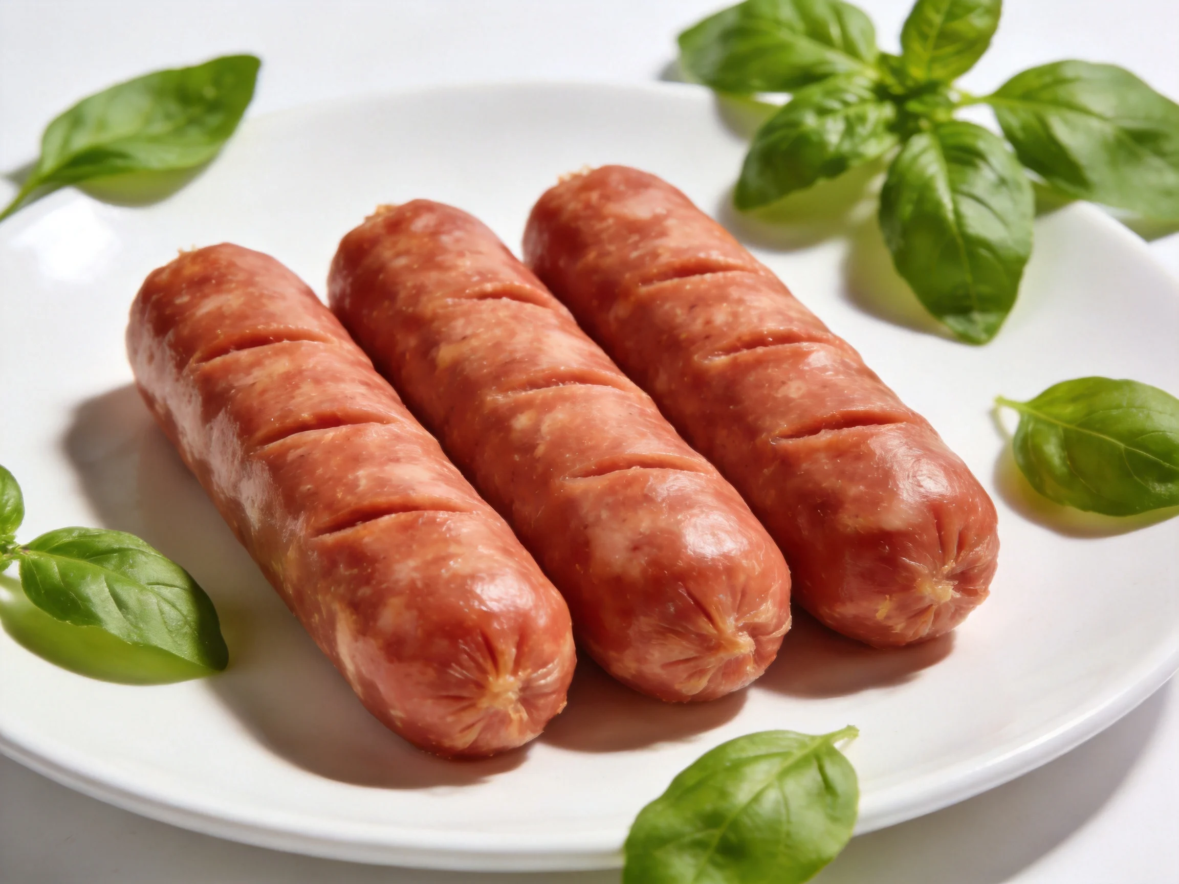 Three reddish-brown sausages on a white plate with fresh green basil leaves