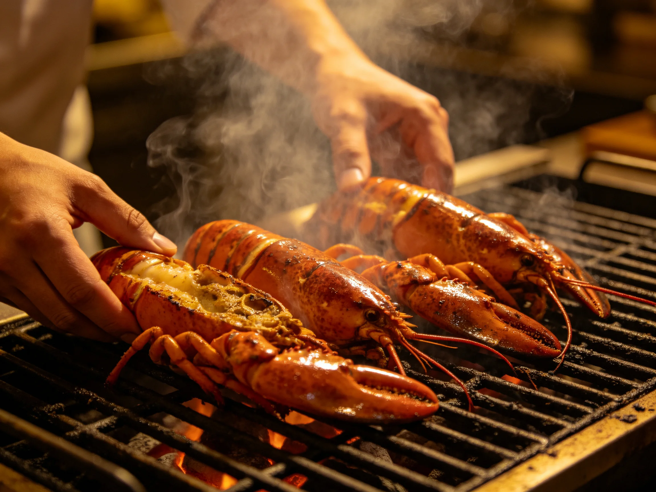 Three reddish-orange lobsters grilling over glowing embers