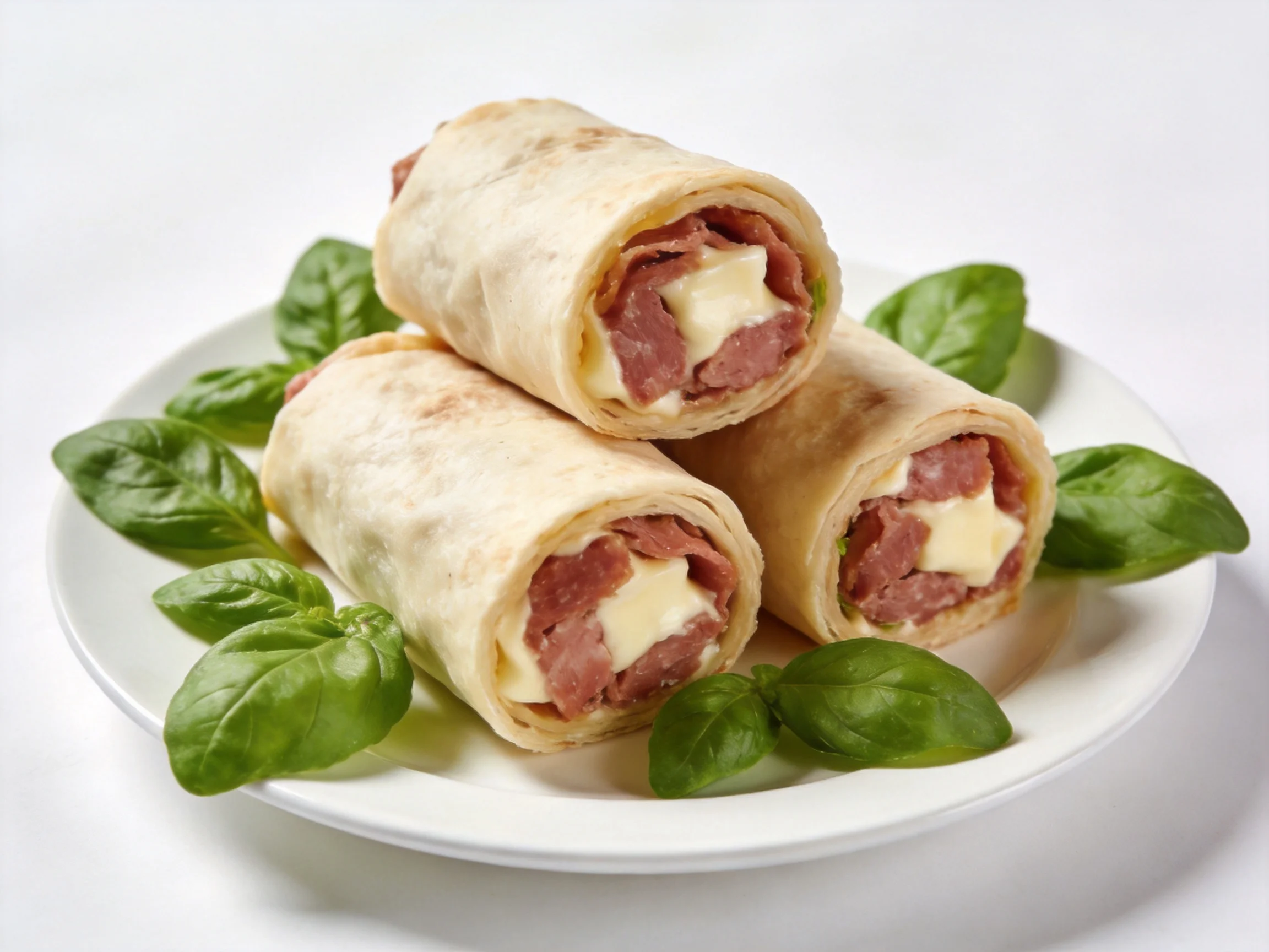 Three rolled wraps with meat, cheese, and basil on a white plate