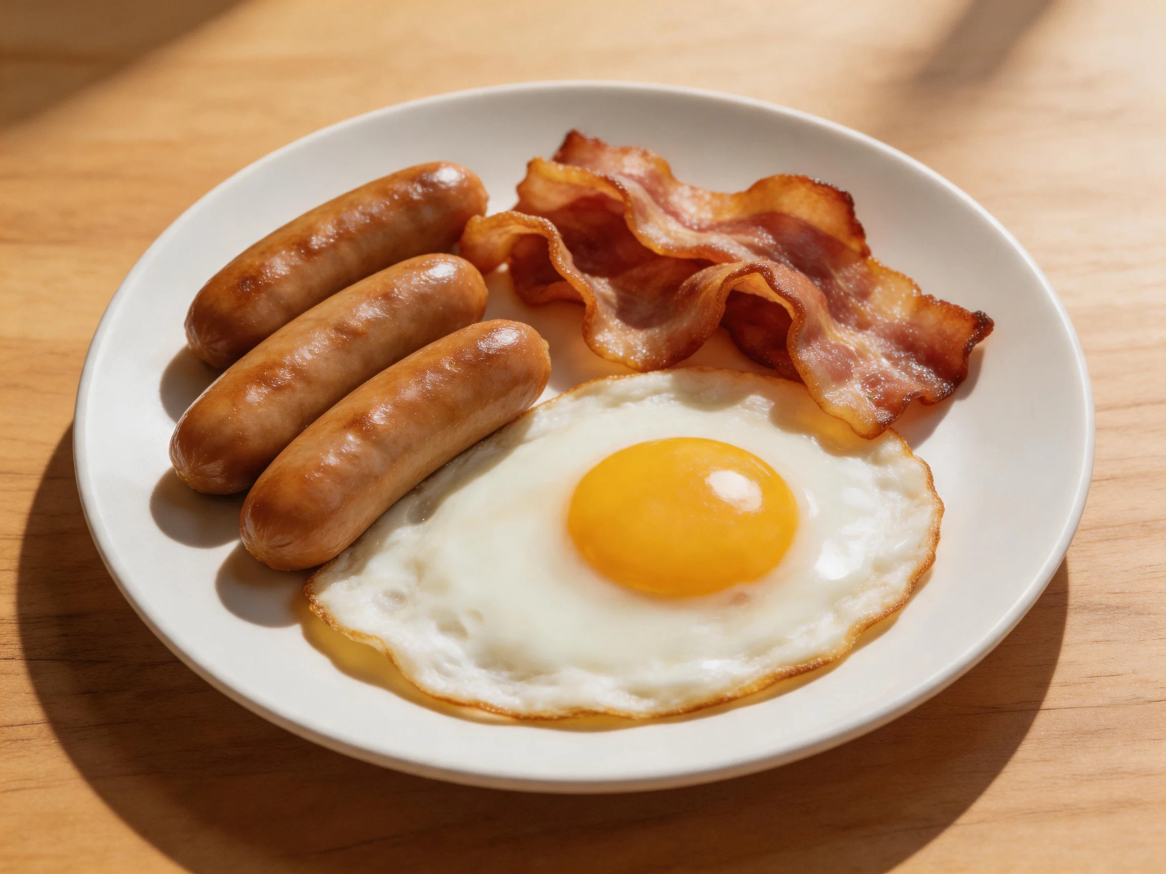 Three sausages, crispy bacon, sunny-side-up egg on white plate
