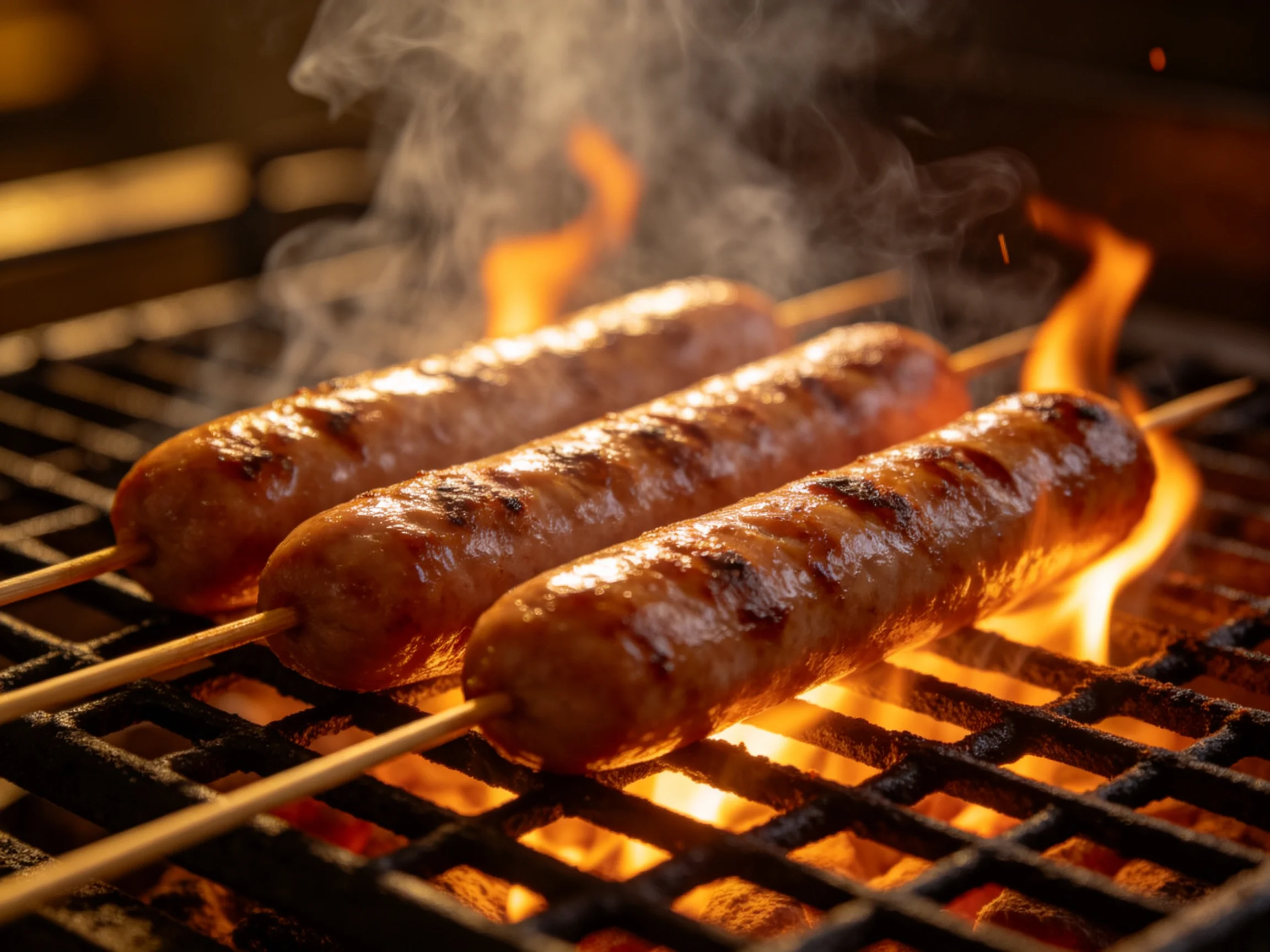 Three sausages grill over bright flames on skewers