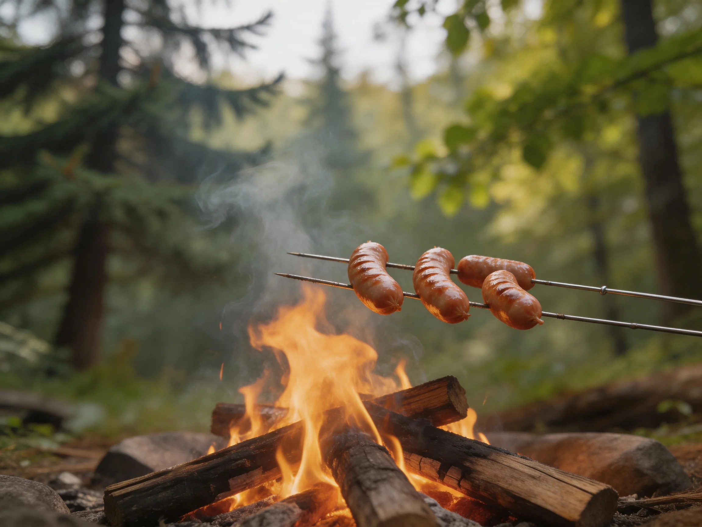 Three sausages roasted on skewers over a blazing campfire in a forest