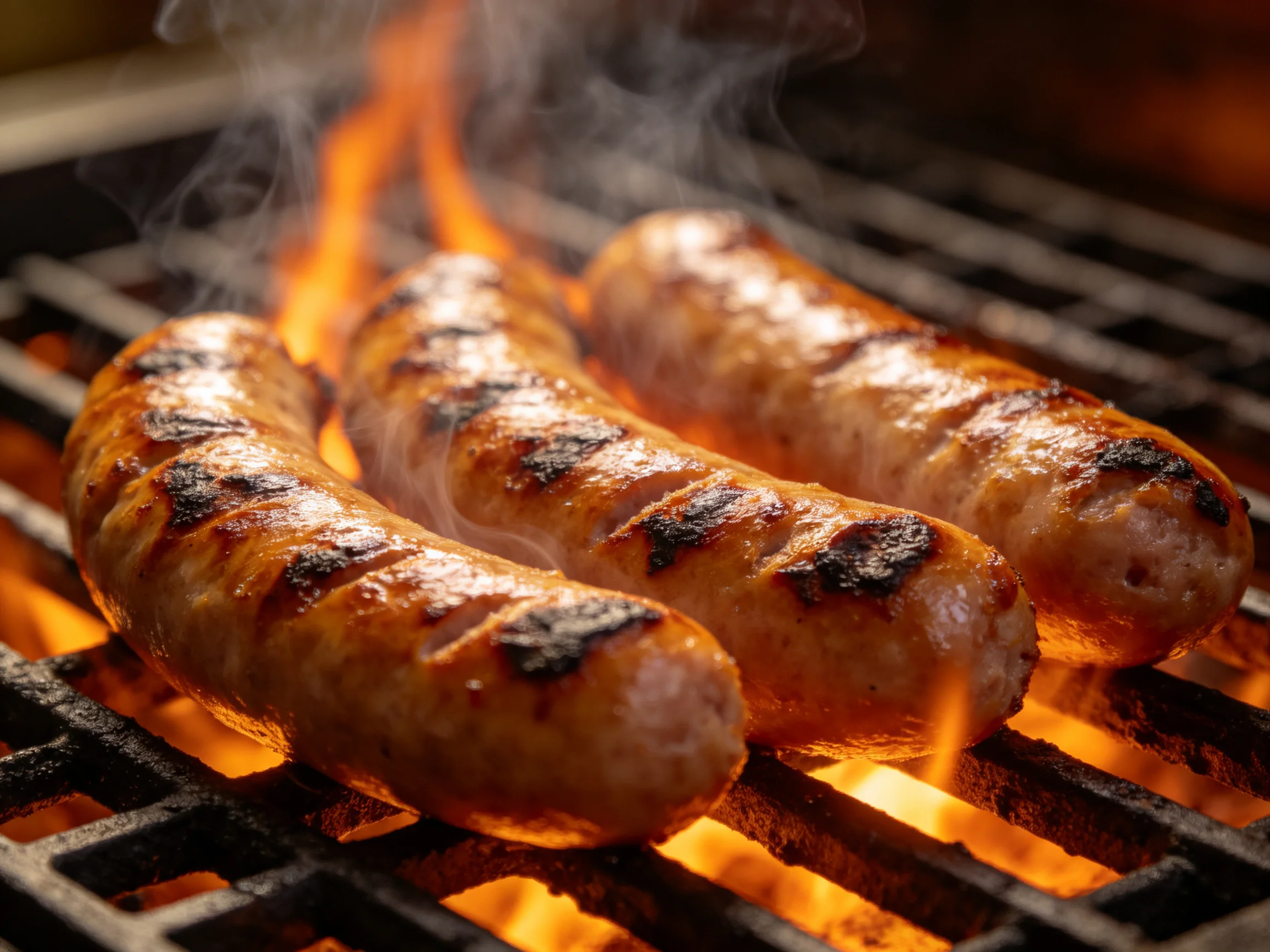 Three sausages sizzle over bright orange flames
