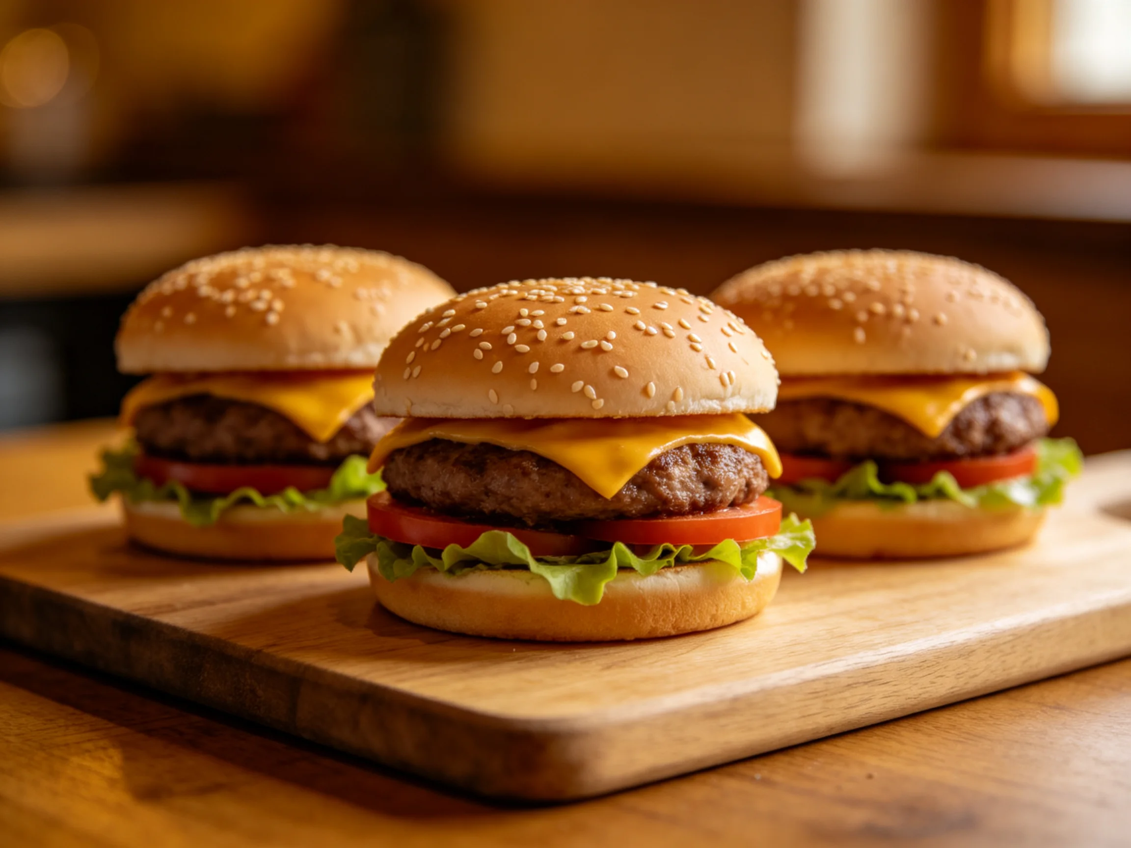 Three sesame bun cheeseburgers with lettuce and tomatoes on a wooden board