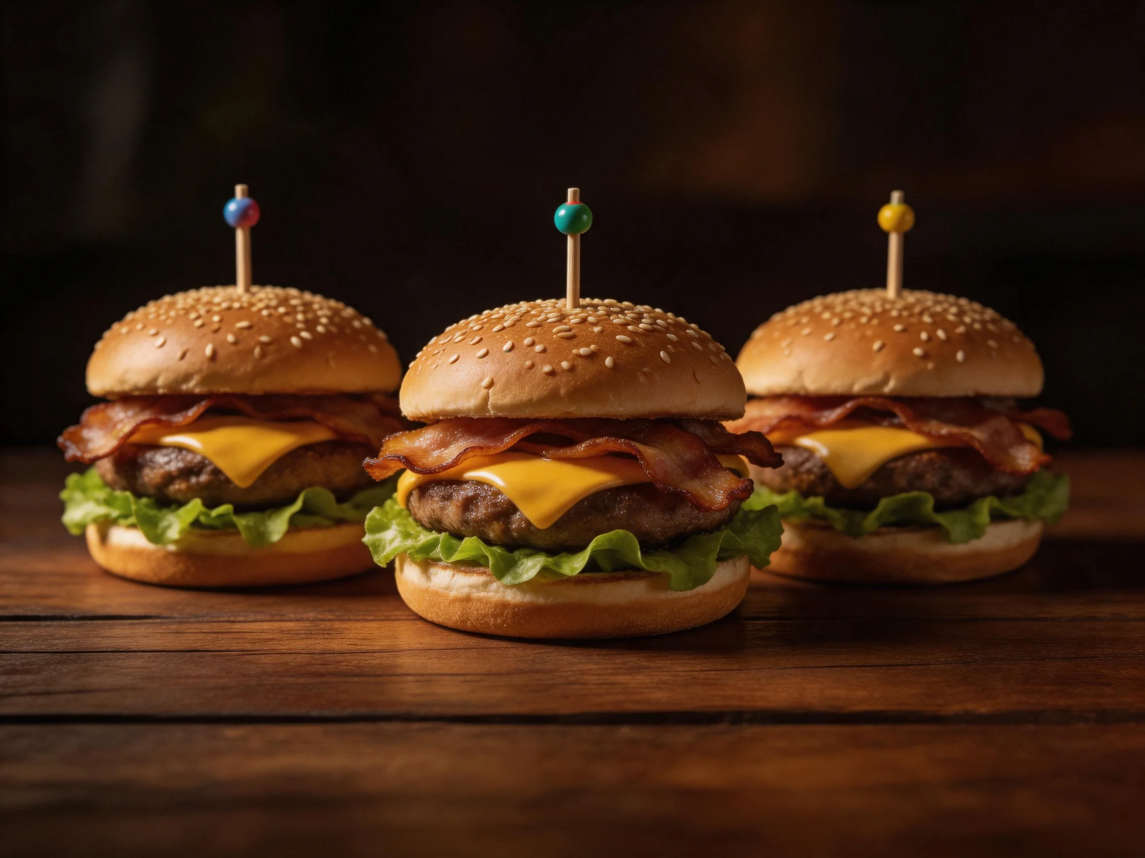 Three sesame seed burger sliders with crispy bacon and melted cheese