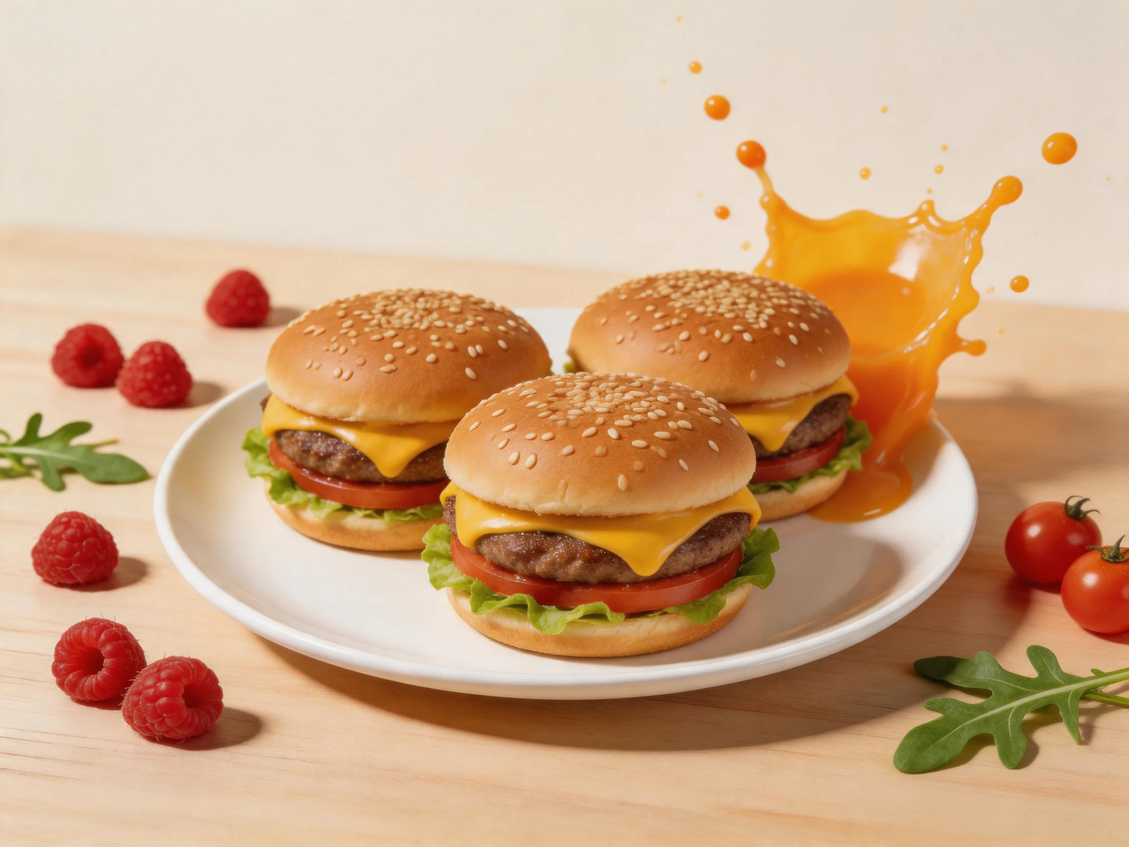 Three sesame seed cheeseburgers, orange juice splash, and fresh berries