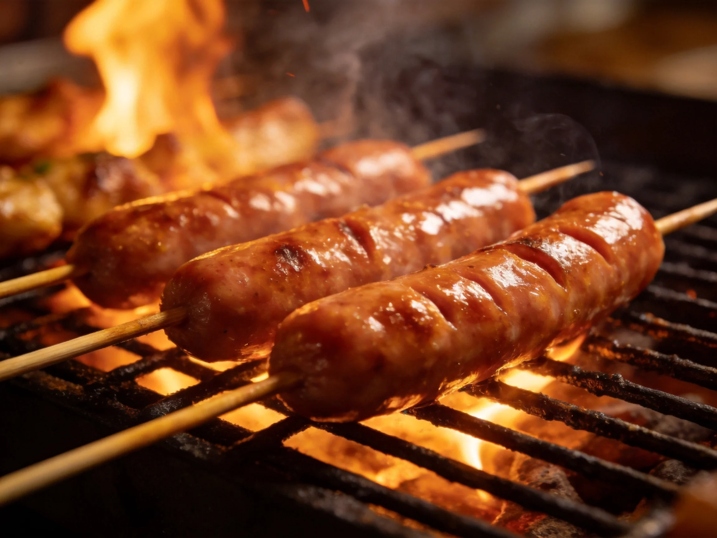 Three skewered sausages sizzling over intense flames on a grill
