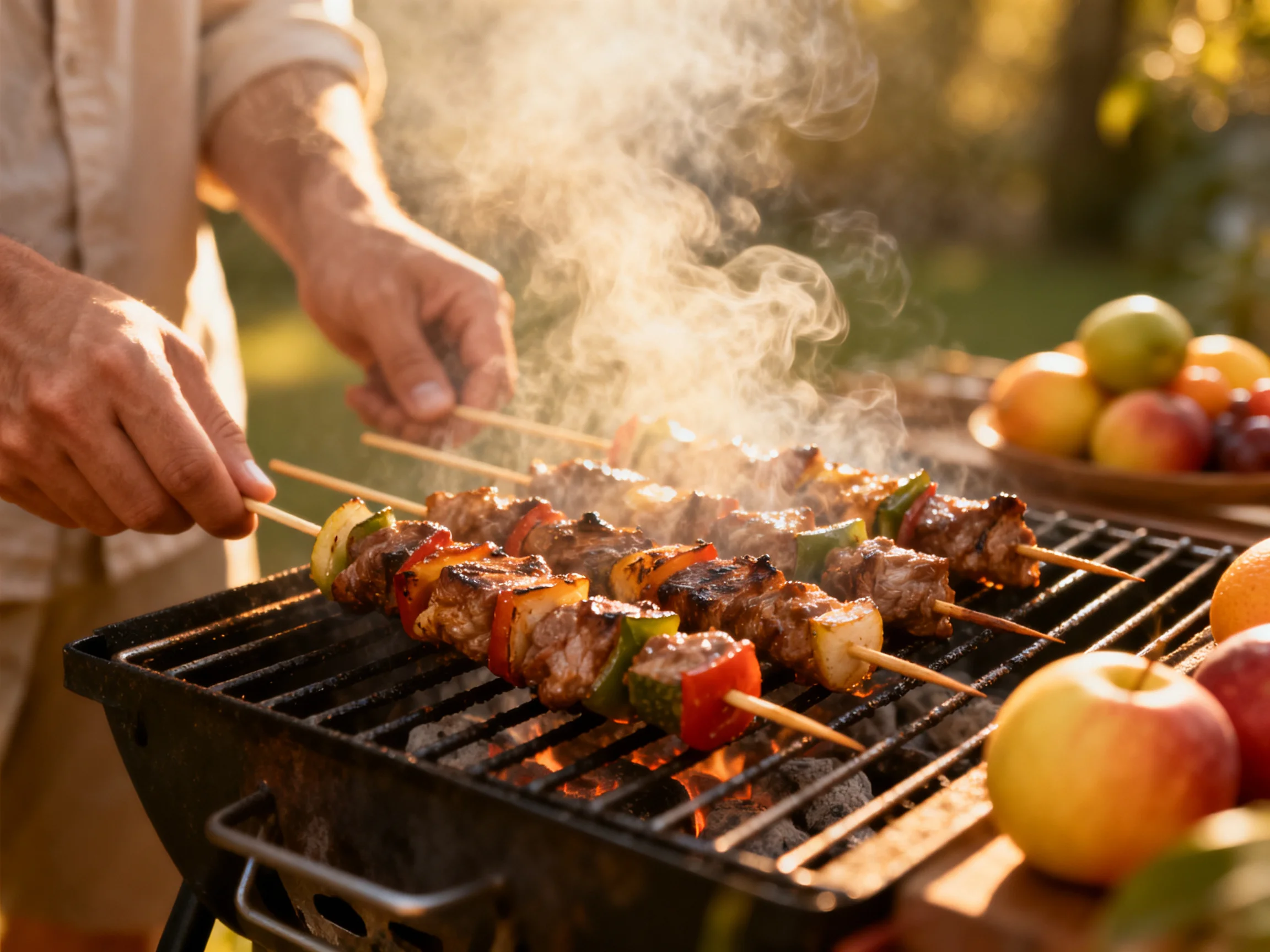 Three skewers cooking on a charcoal grill with fresh fruits nearby