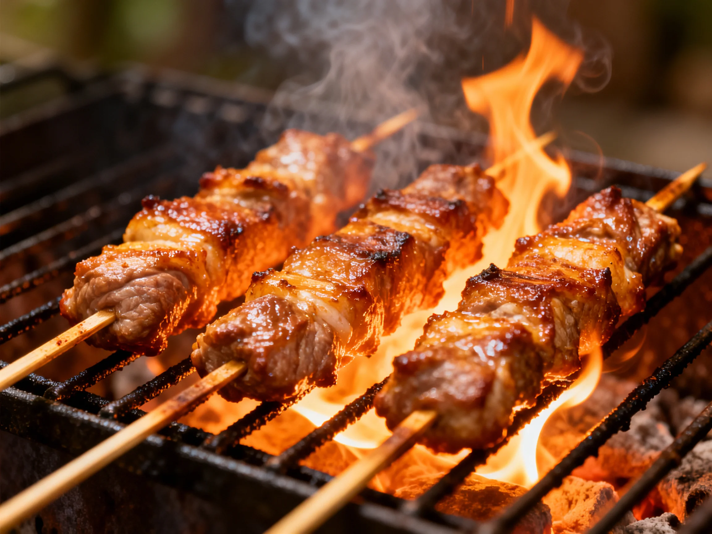 Three skewers of browned meat grill over vibrant orange flames