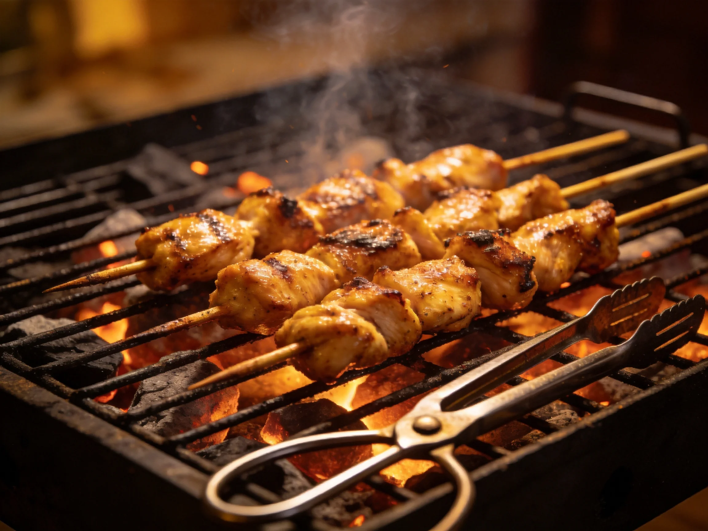 Three skewers of grilled chicken sizzling over glowing embers