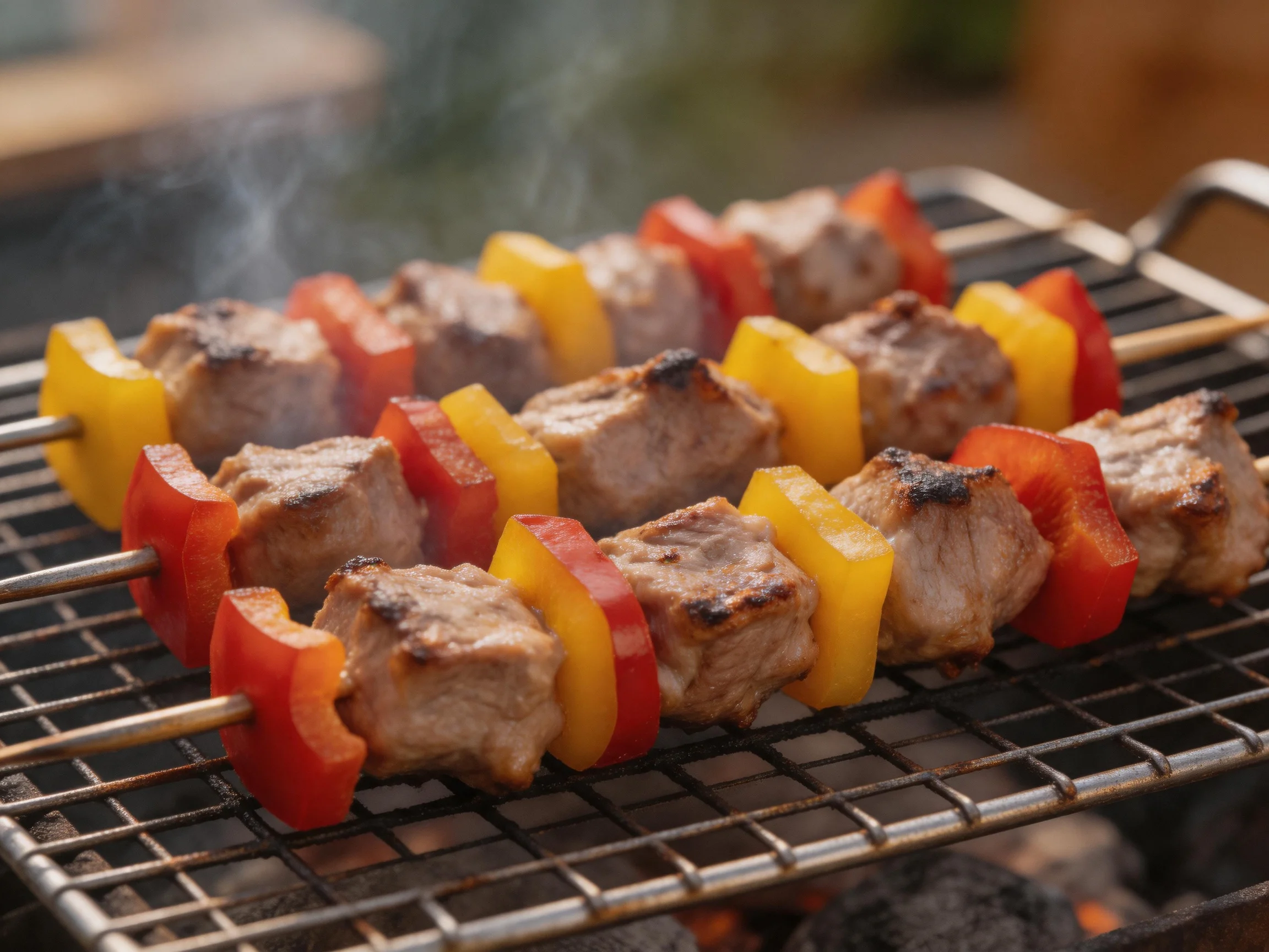 Three skewers of grilled meat and colorful bell peppers on a barbecue grill.