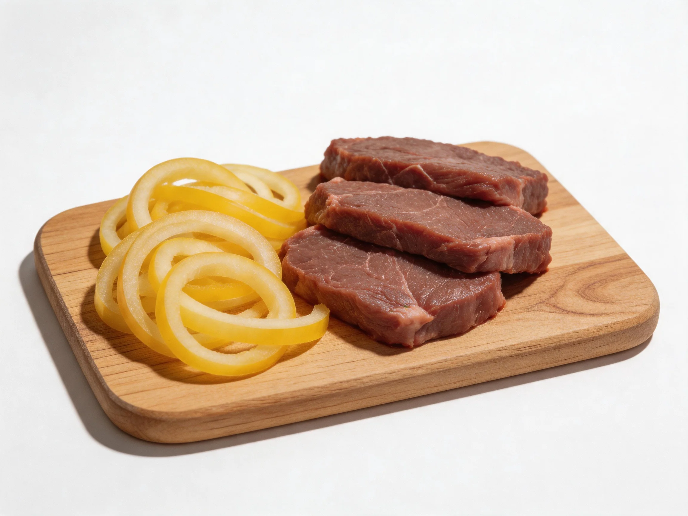 Three slices of raw beef and yellow onion rings on a wooden cutting board