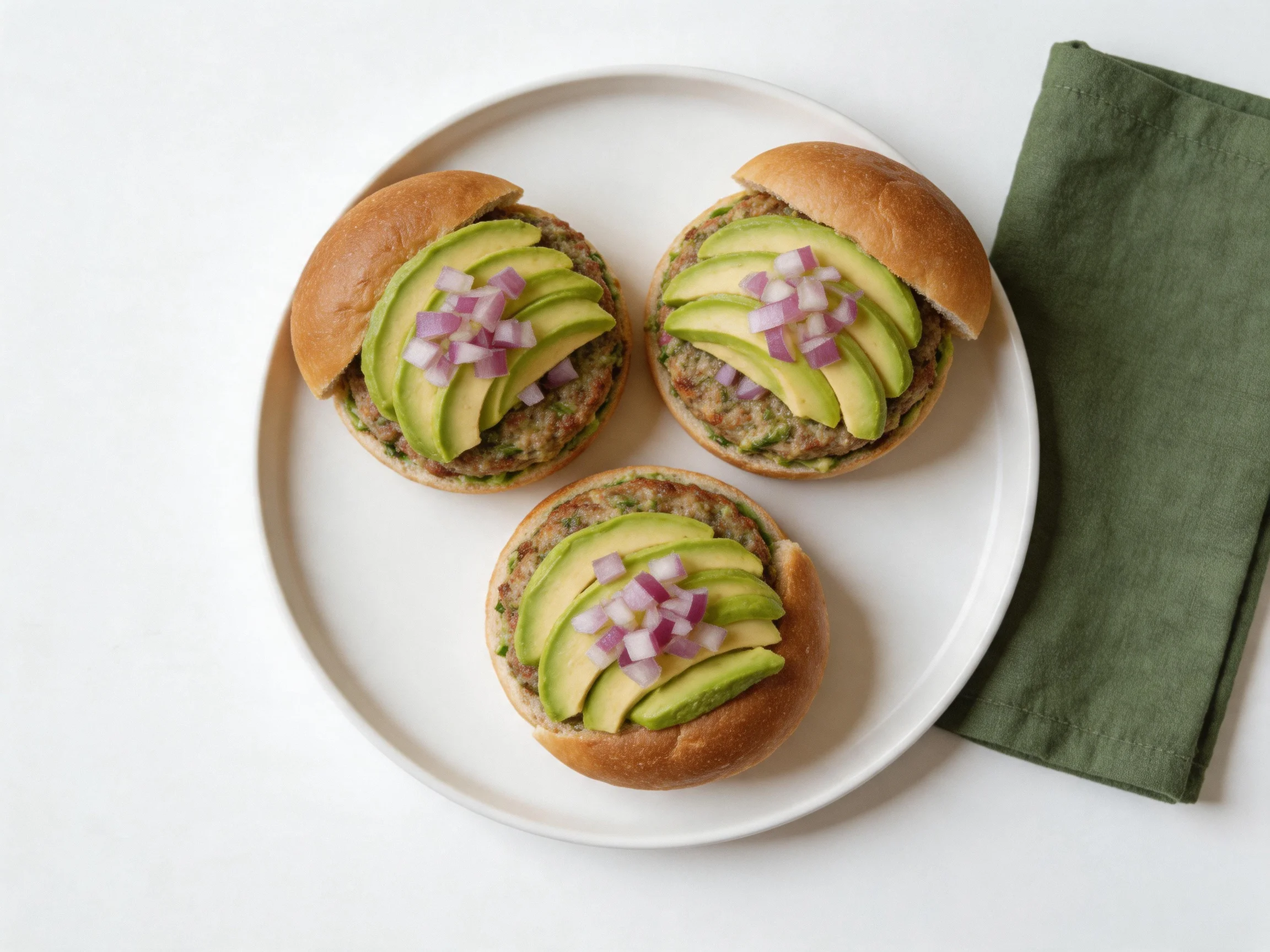Three sliders topped with avocado slices and red onion on a white plate