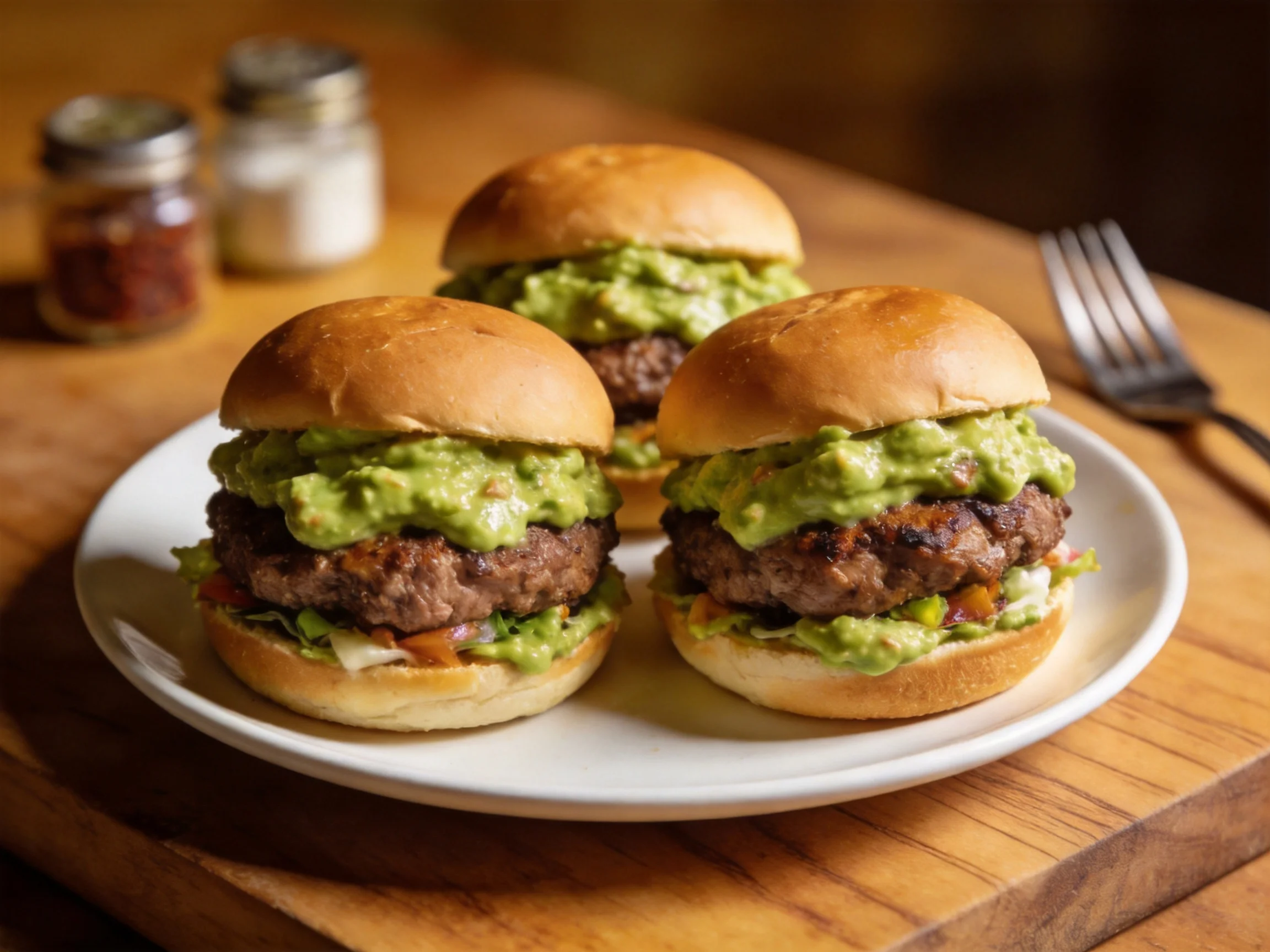 Three sliders topped with creamy green sauce on soft buns
