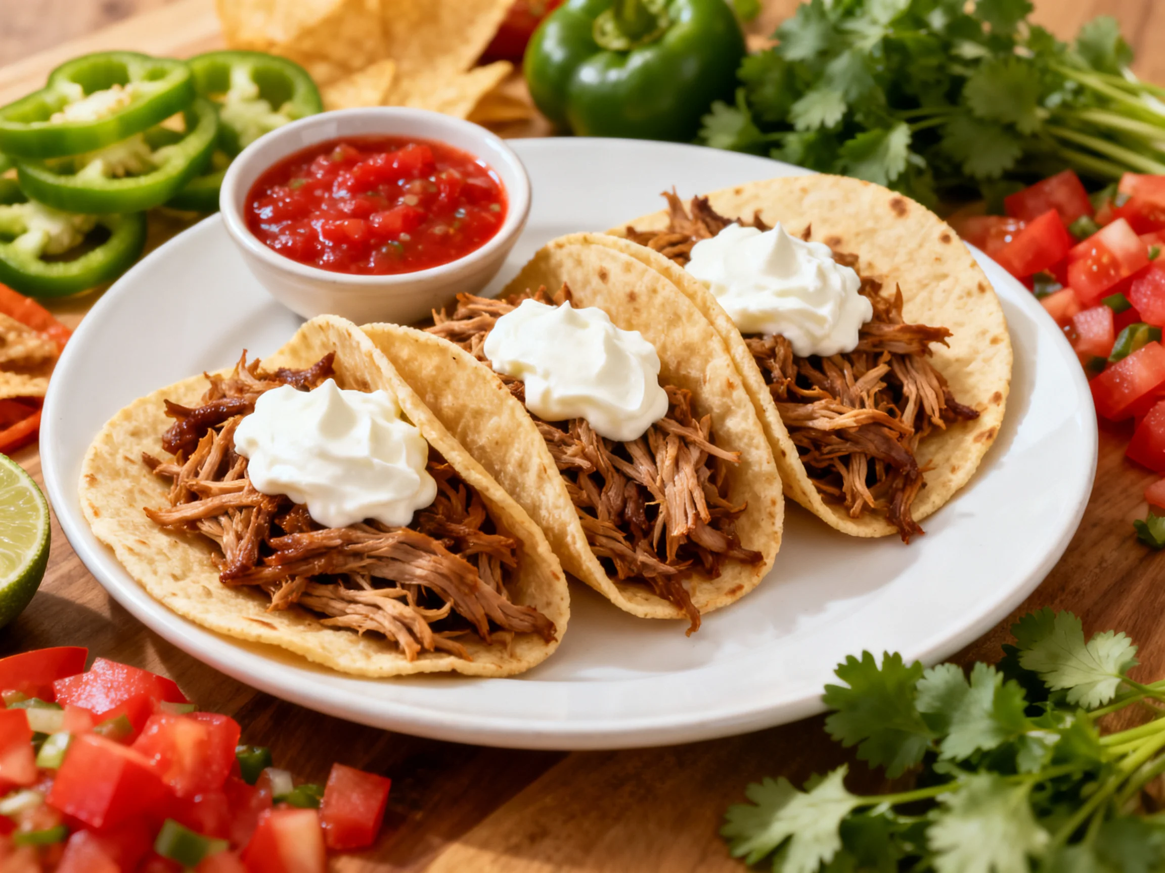 Three soft-shell tacos with shredded meat, sour cream, and salsa near fresh vegetables