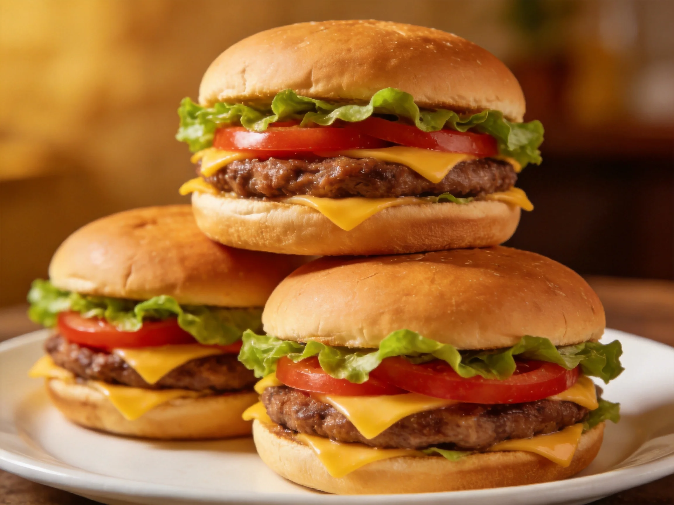Three stacked cheeseburgers with lettuce, tomato, and cheese
