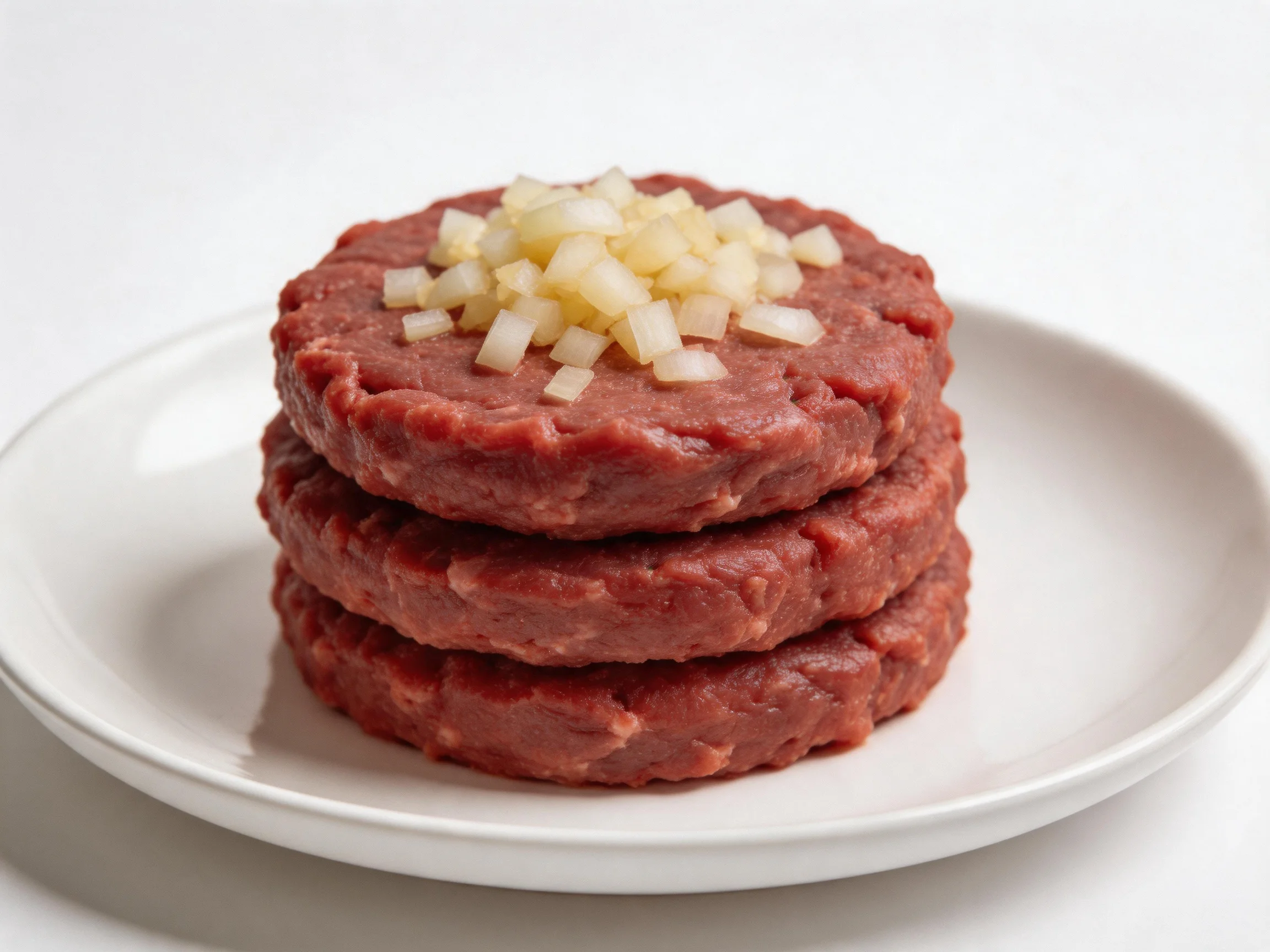 Three stacked raw beef patties topped with diced onions