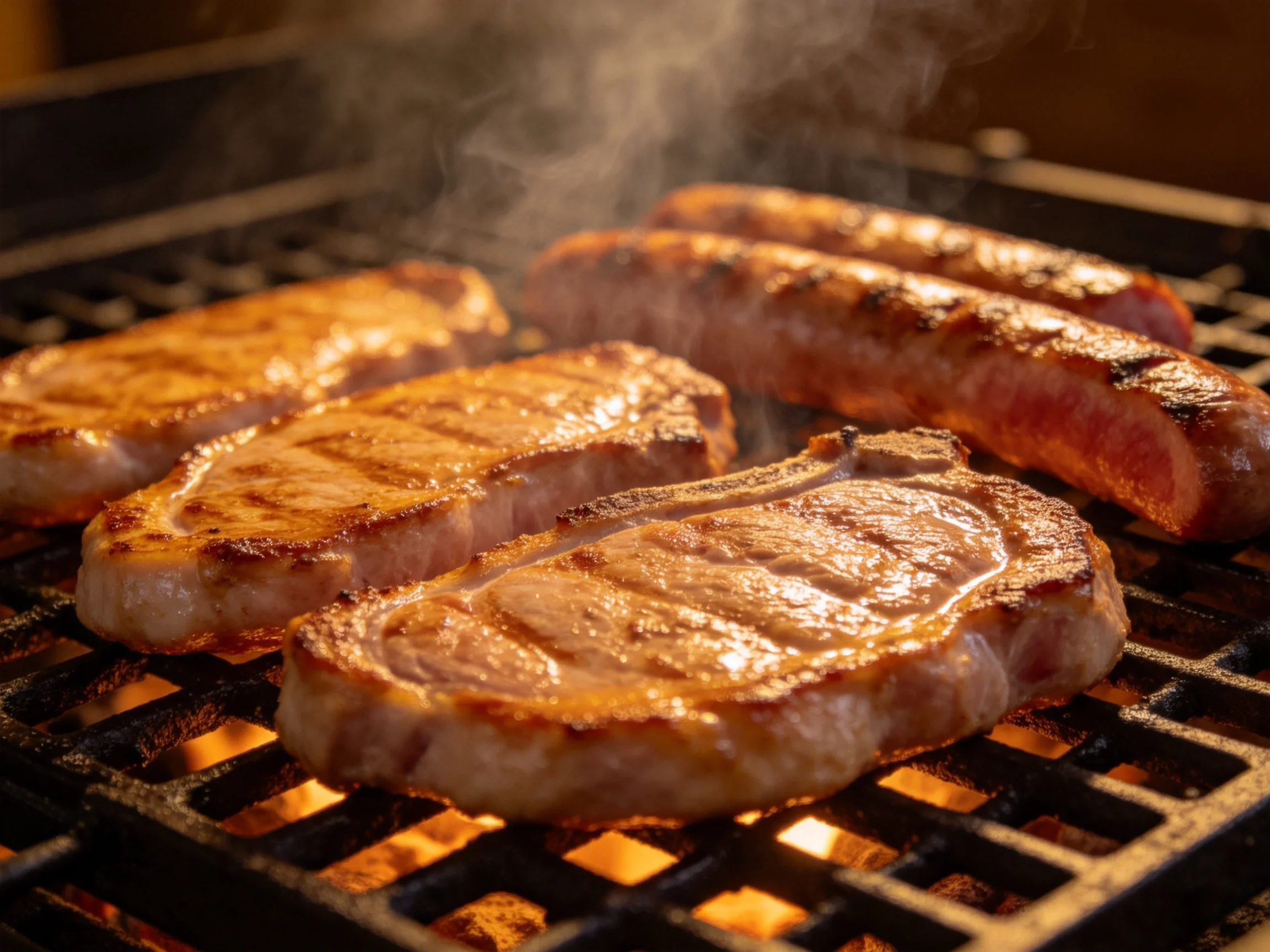 Three steaks and two sausages grill over glowing embers with rising smoke