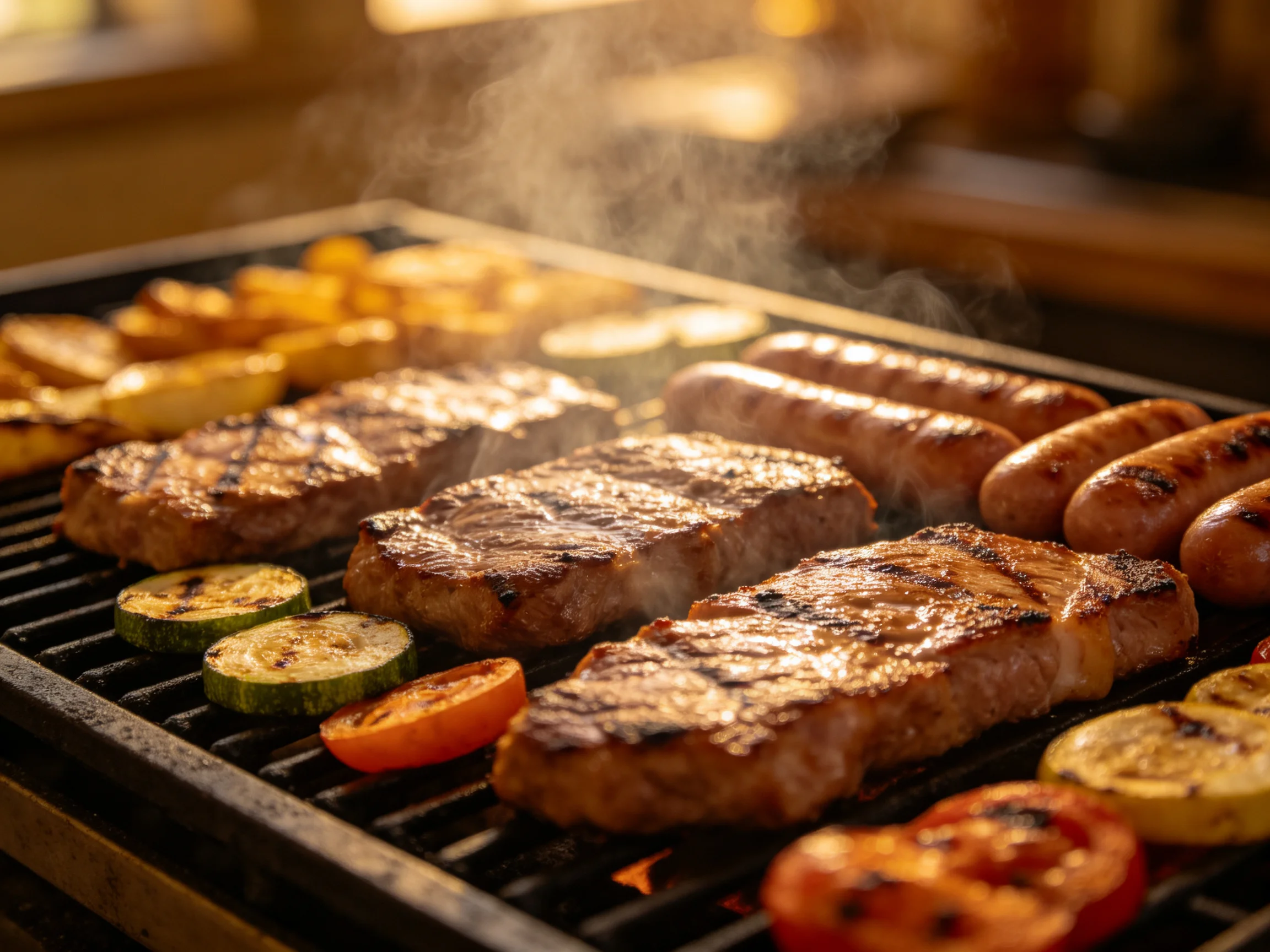 Three steaks, four sausages, and grilled veggies on a hot grill