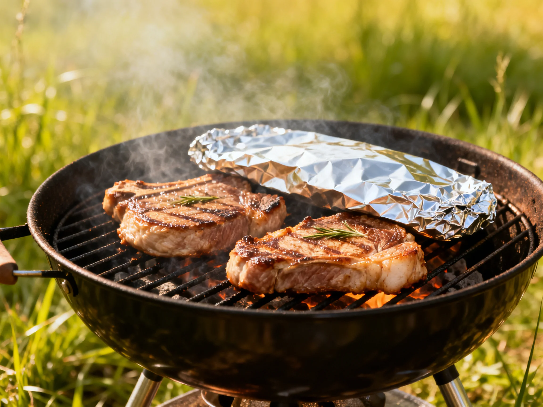 Three steaks grill on a black charcoal barbecue with aluminum foil