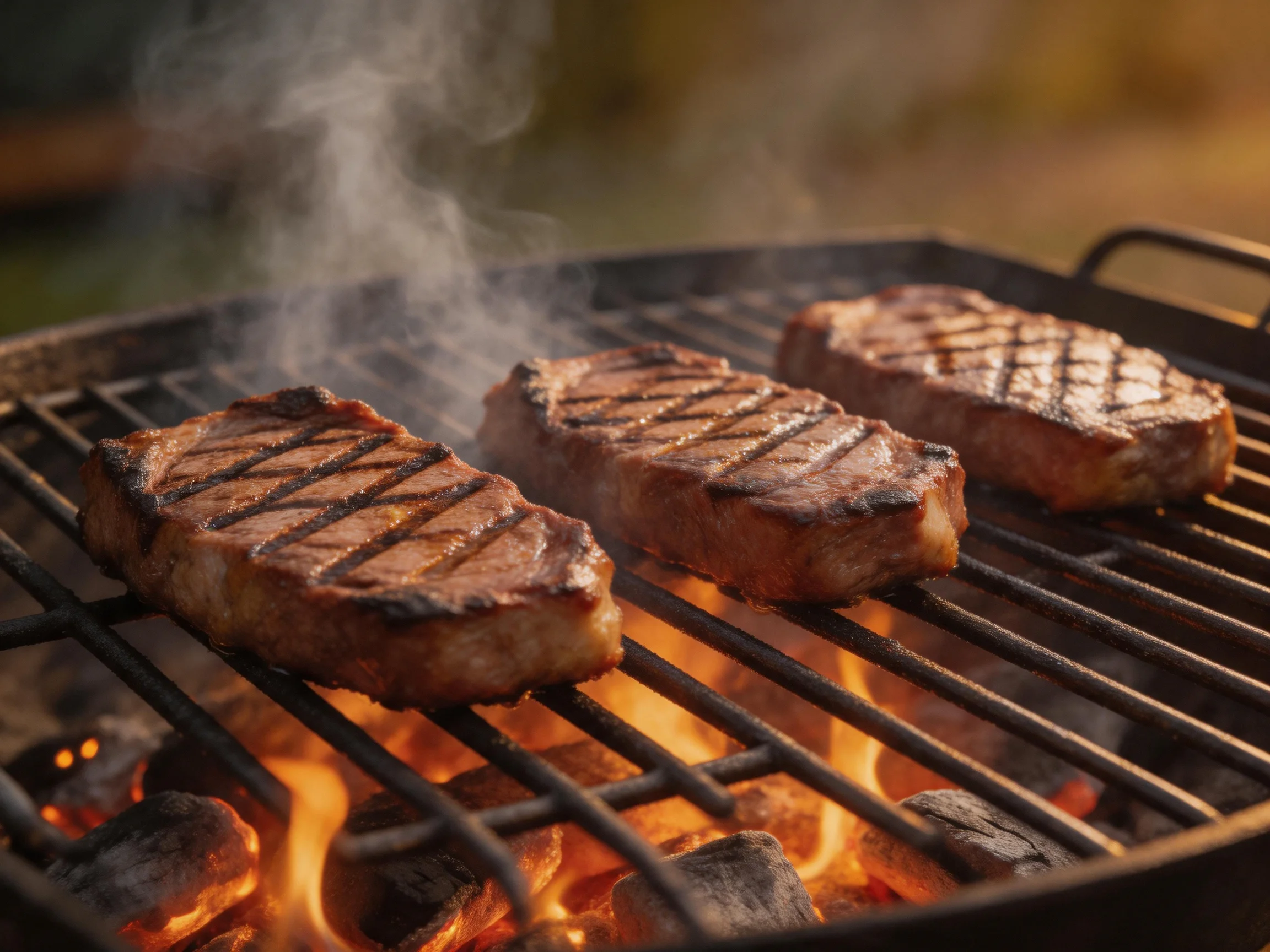 Three steaks grill over bright flames on a charcoal barbecue