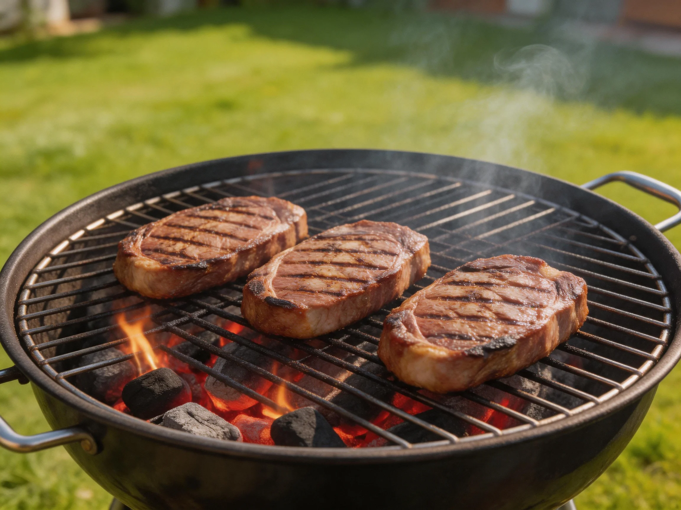 Three steaks grill over charcoal in a sunny backyard