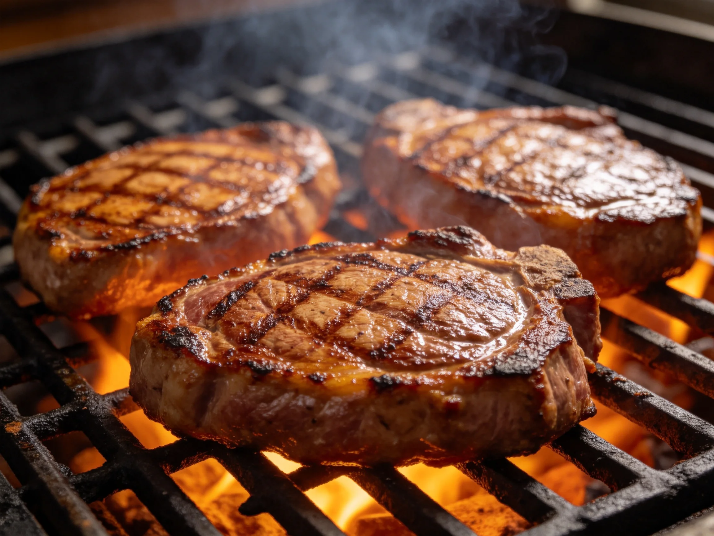 Three steaks grilling over bright orange flames on a black grill