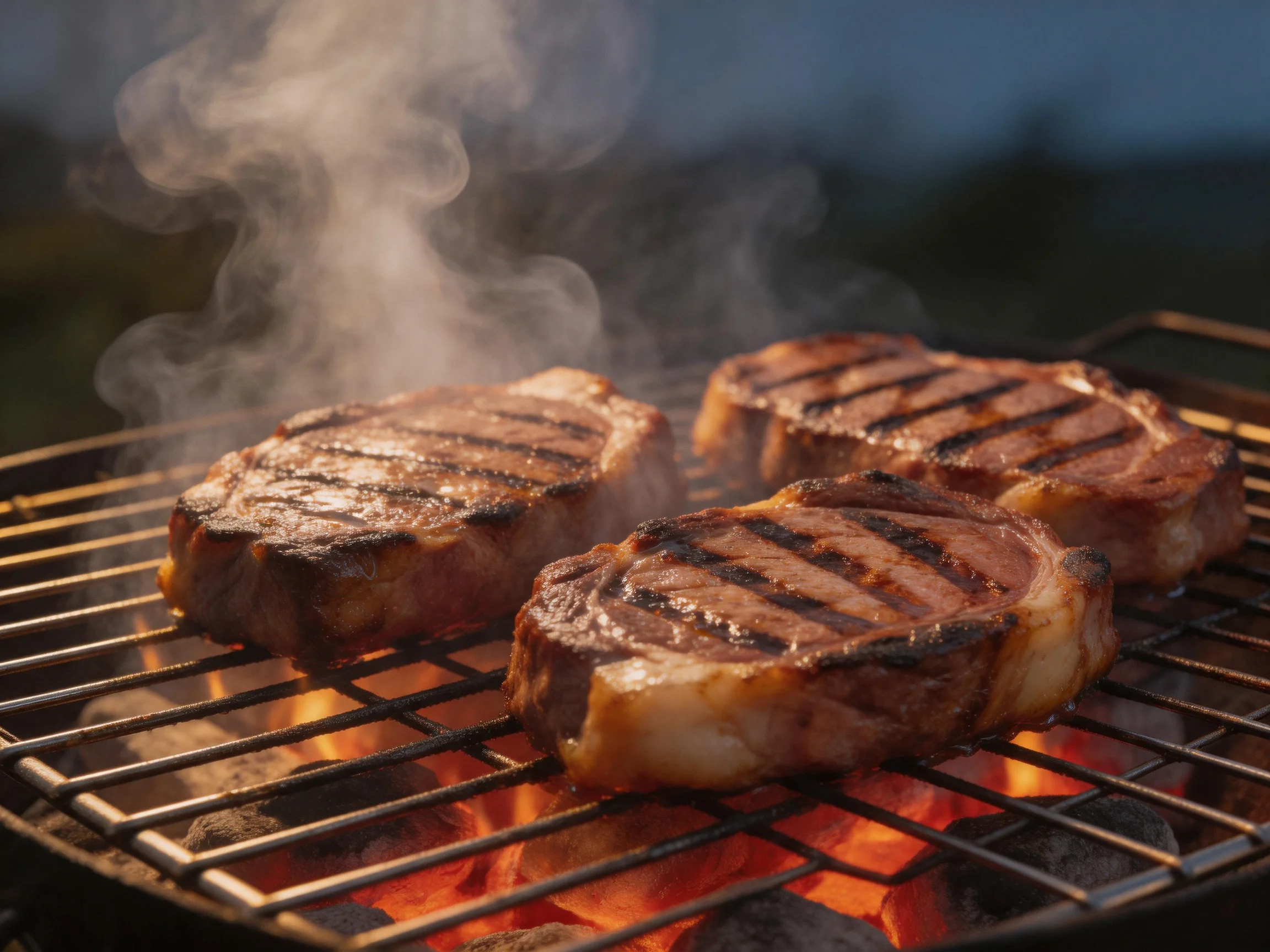 Three steaks sizzle on a grill with glowing embers