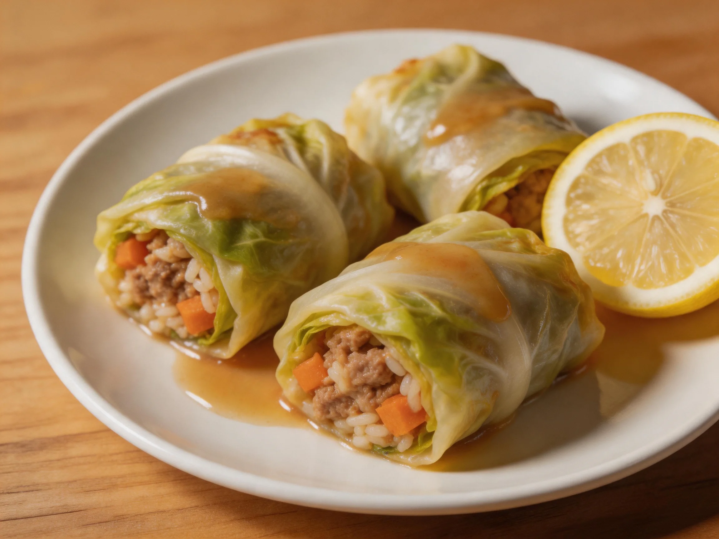 Three stuffed cabbage rolls with brown sauce and lemon slice