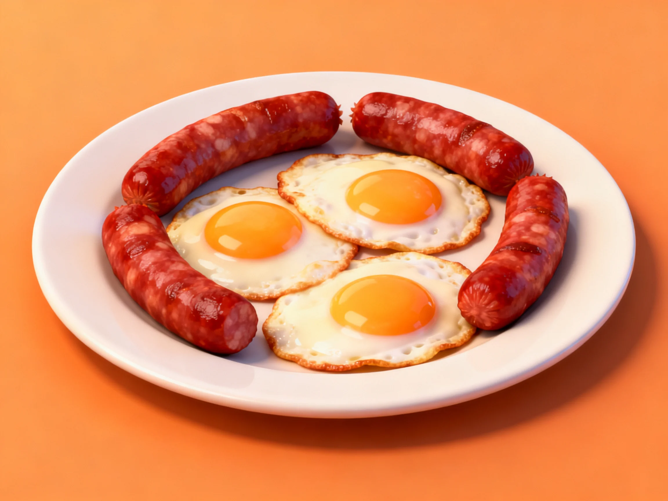 Three sunny-side-up eggs and four sausages served on a white plate