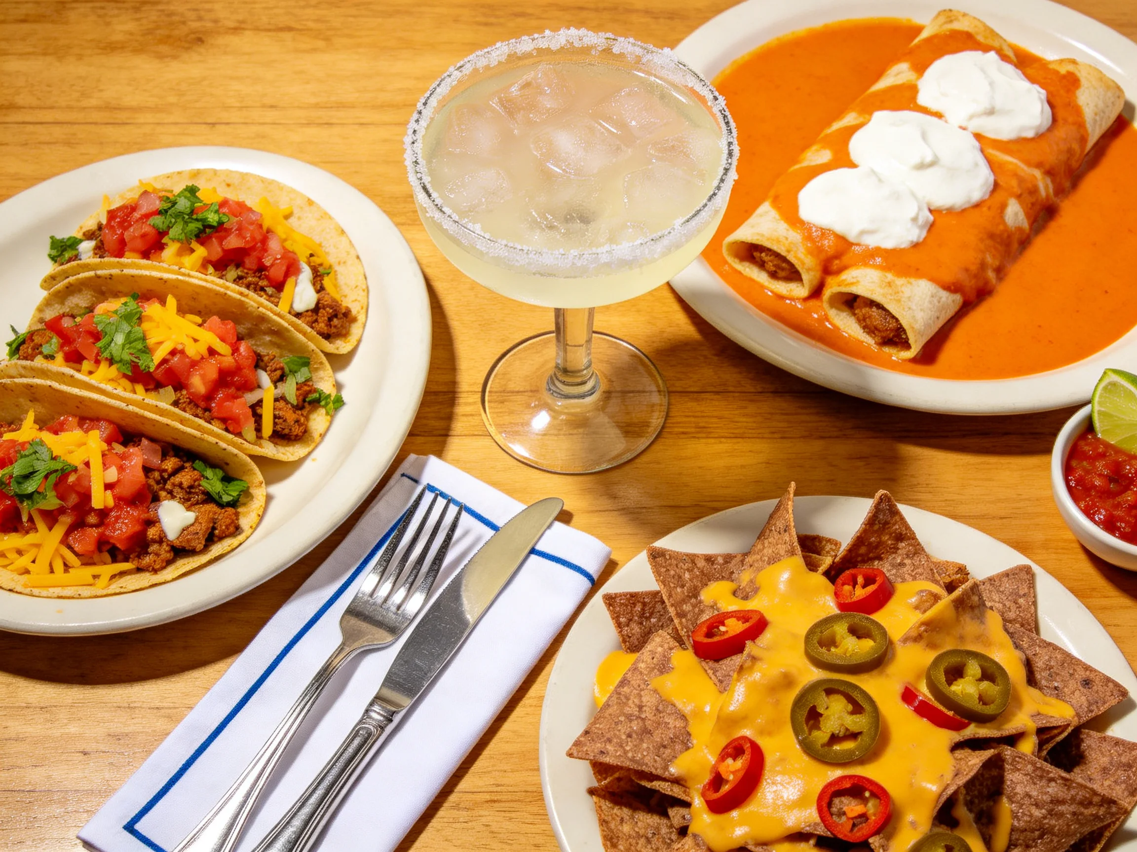 Three tacos, enchiladas, nachos, and a margarita on a wooden table