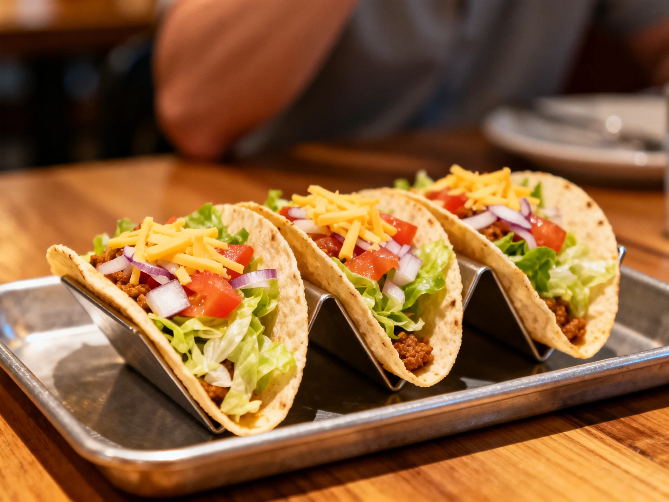 Three tacos with colorful fillings in metal stands