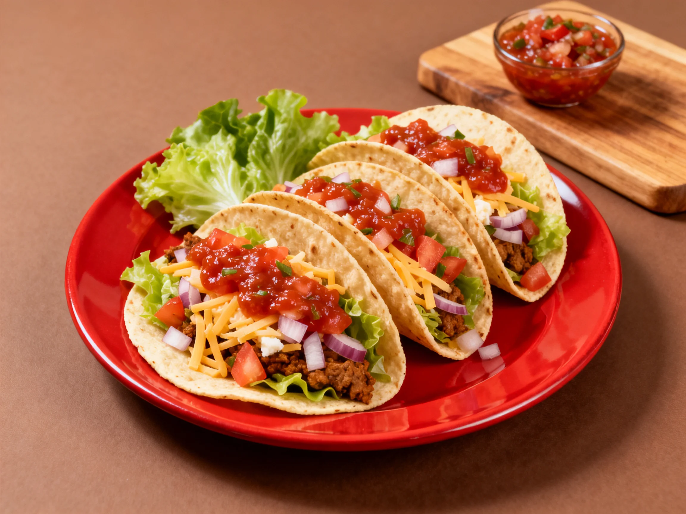 Three tacos with colorful fillings on a red plate