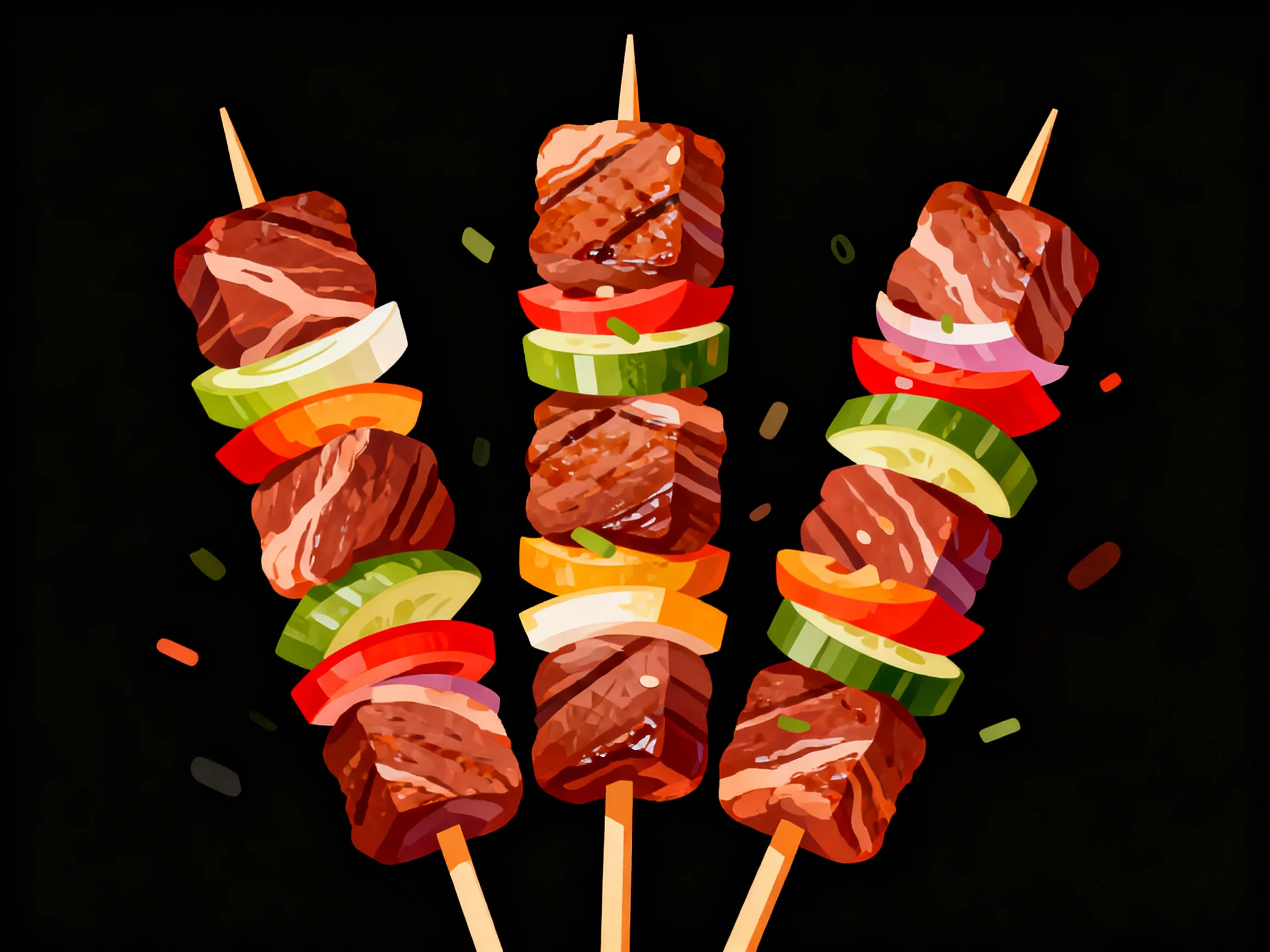 Three vibrant grilled skewers with beef, vegetables