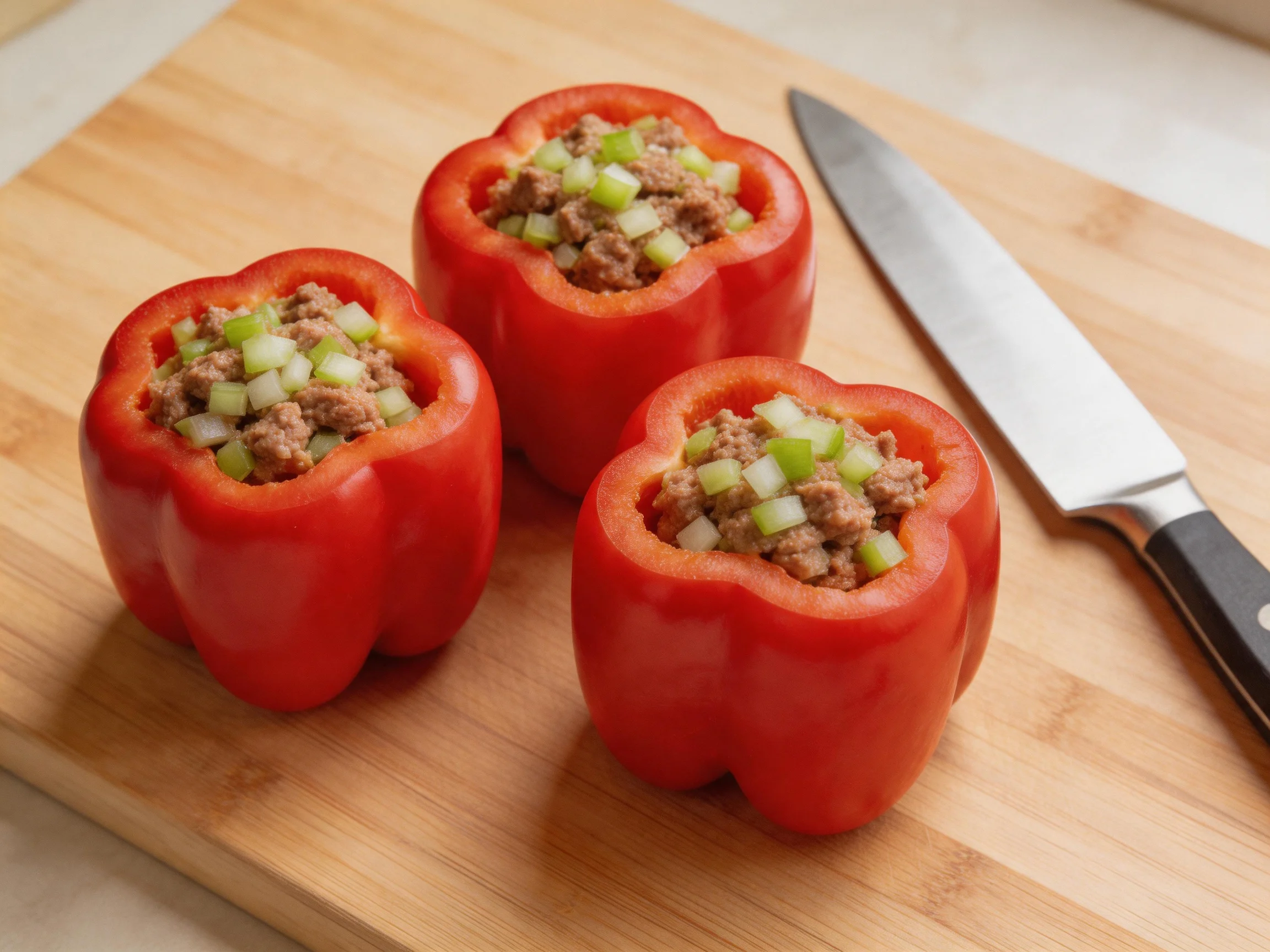 Three vibrant red stuffed bell peppers on a wooden cutting board