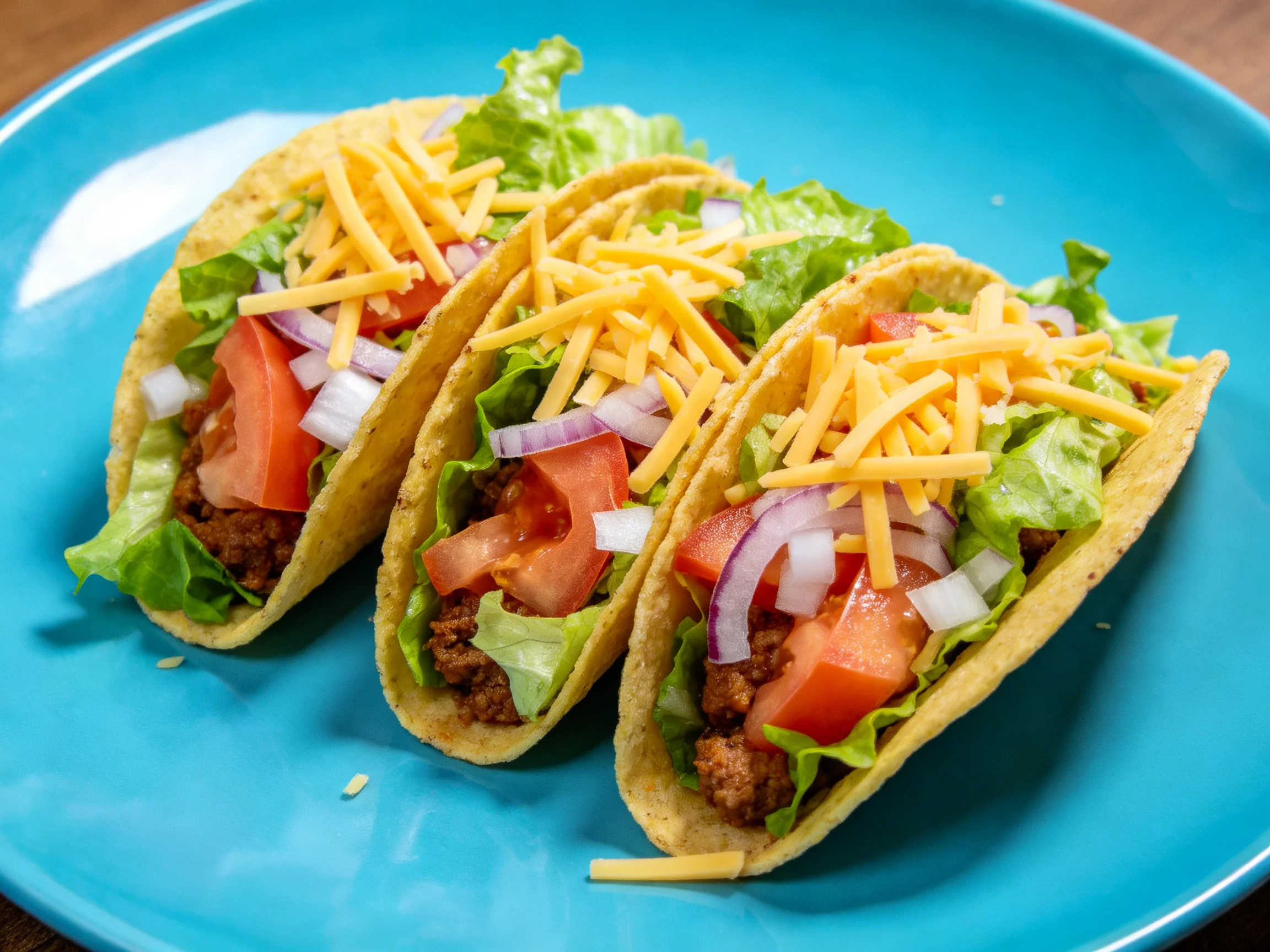Three vibrant tacos loaded with fresh veggies and cheese